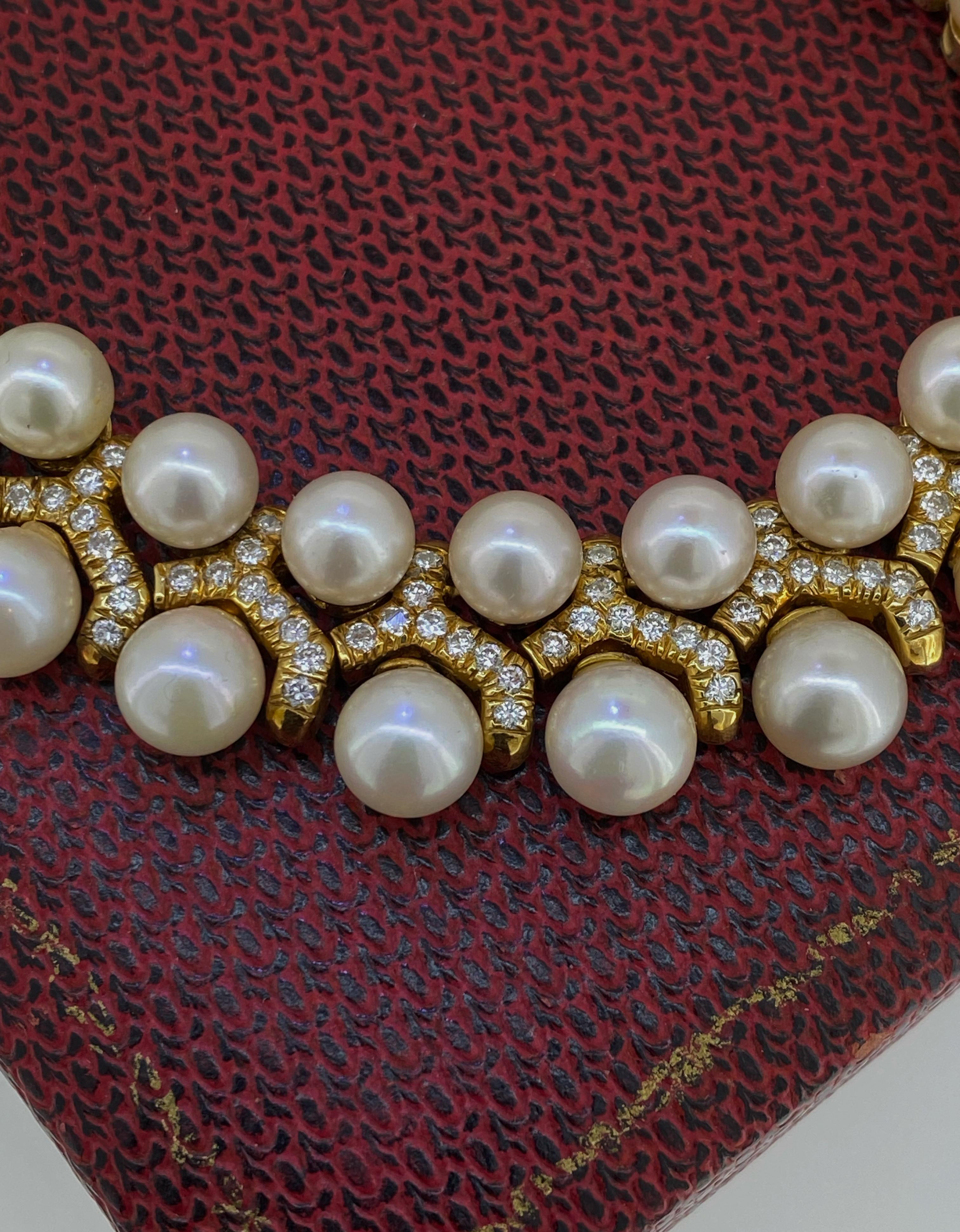 Magnífico Collar Retro de Oro de 18 K con Perlas de los Mares del Sur (x 68) y Diamantes de 9,00 ct en venta 7
