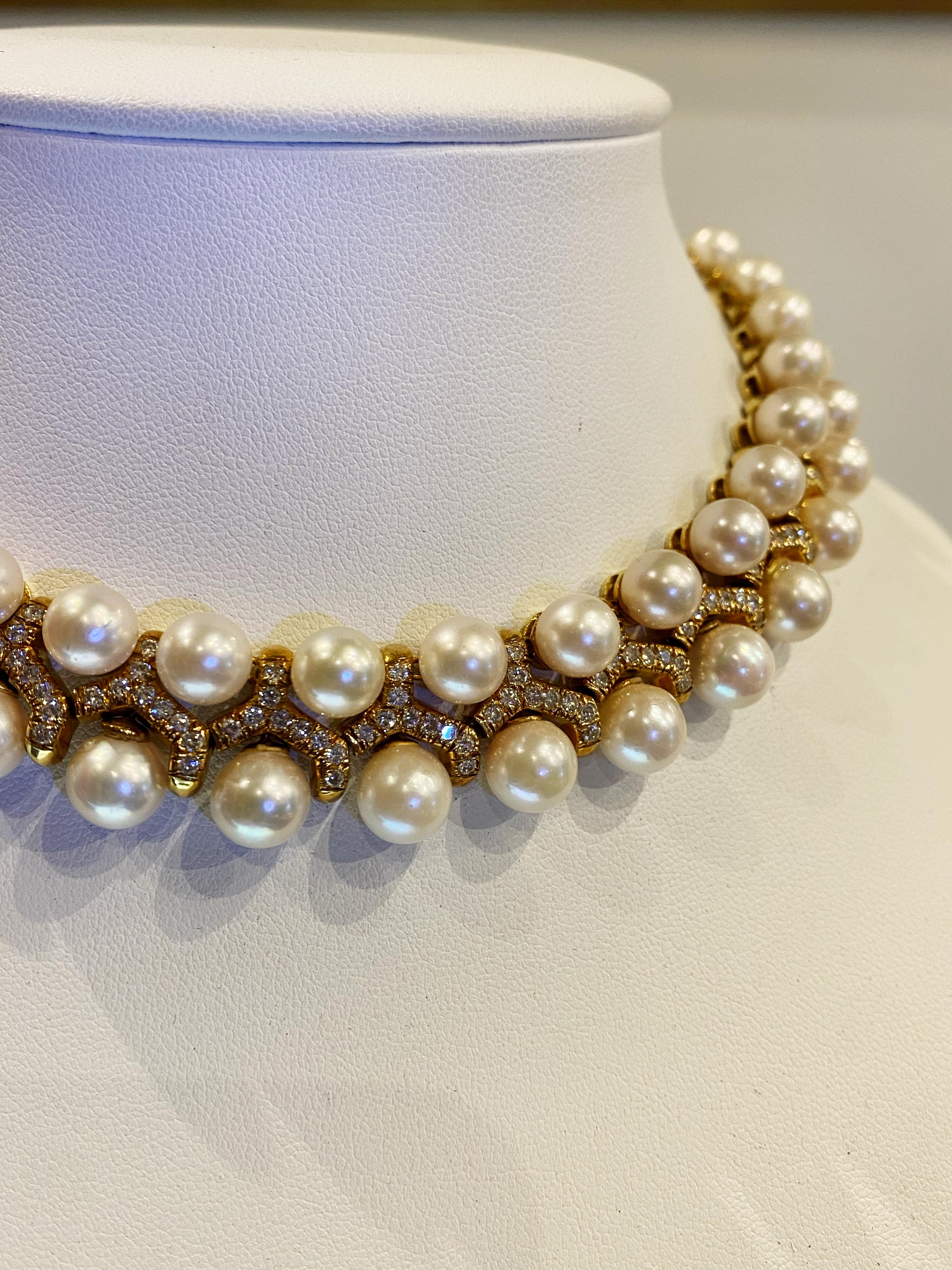 Magnífico Collar Retro de Oro de 18 K con Perlas de los Mares del Sur (x 68) y Diamantes de 9,00 ct en venta 8