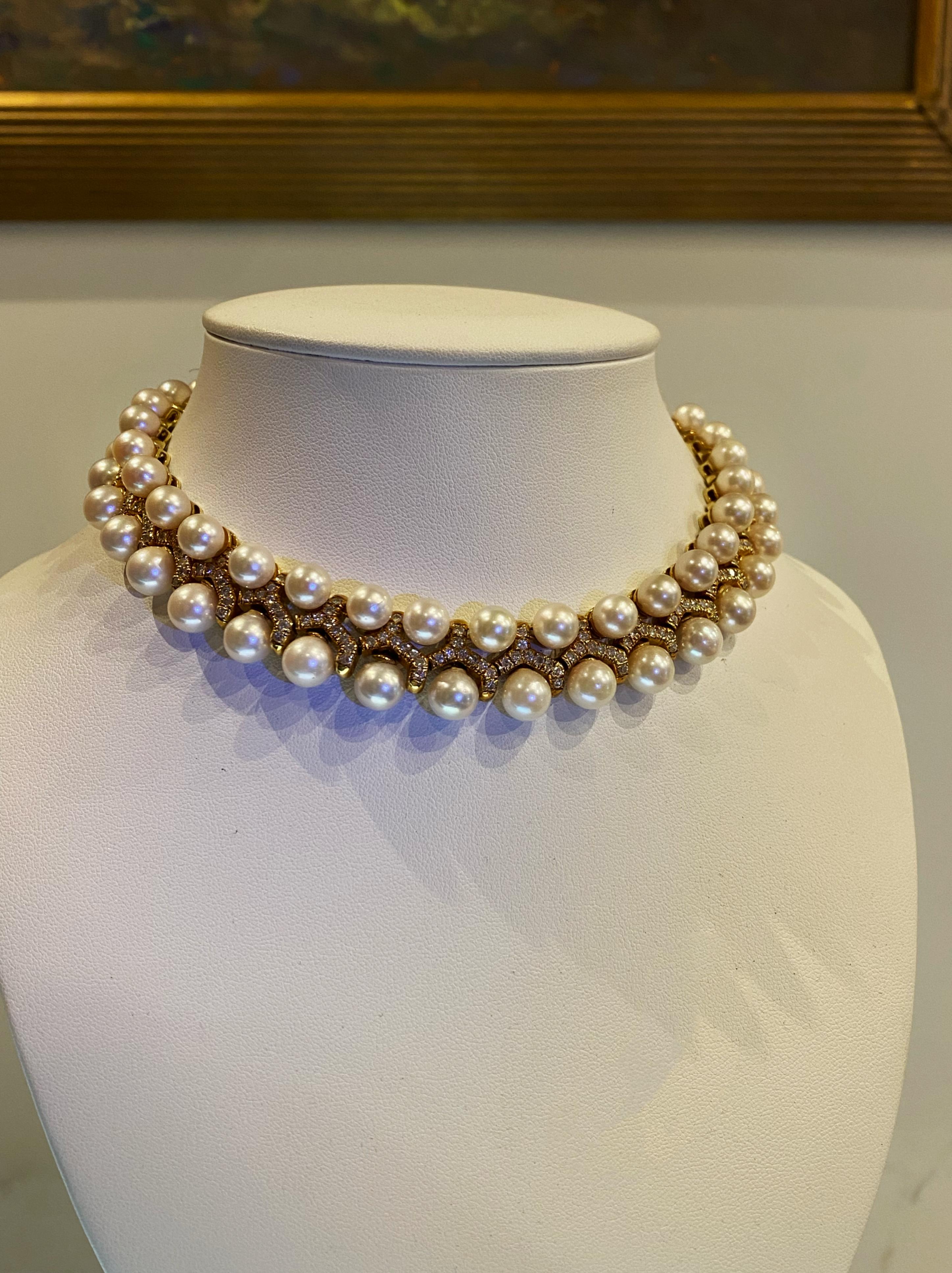 Magnífico Collar Retro de Oro de 18 K con Perlas de los Mares del Sur (x 68) y Diamantes de 9,00 ct en venta 2
