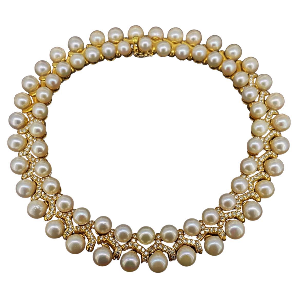Superb South Sea Pearl (x 68) & 9.00ct Diamond 18K Gold Retro Collar Necklace