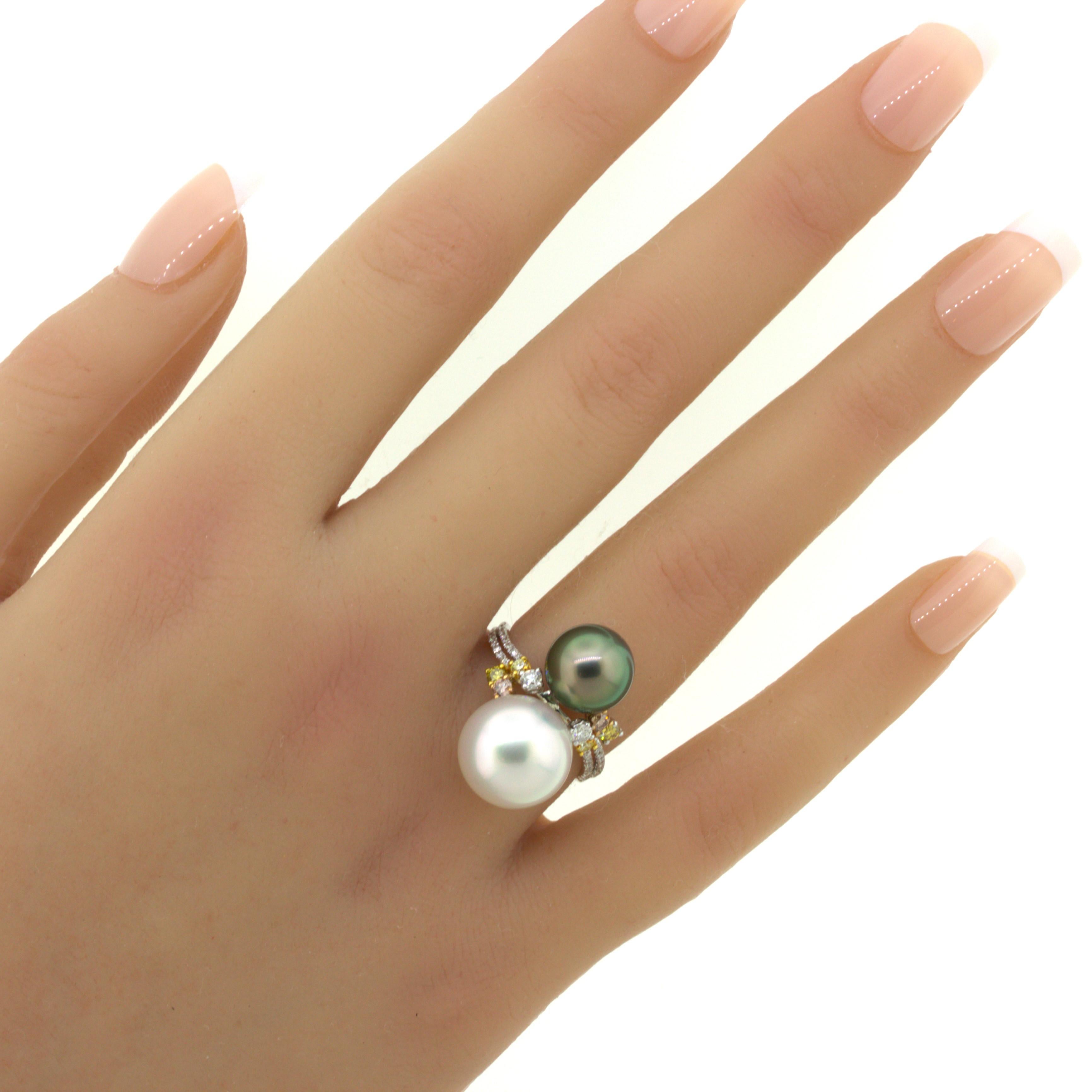 Superb South Sea & Tahitian Pearl Fancy-Color Diamond 18K White Gold Ring For Sale 6
