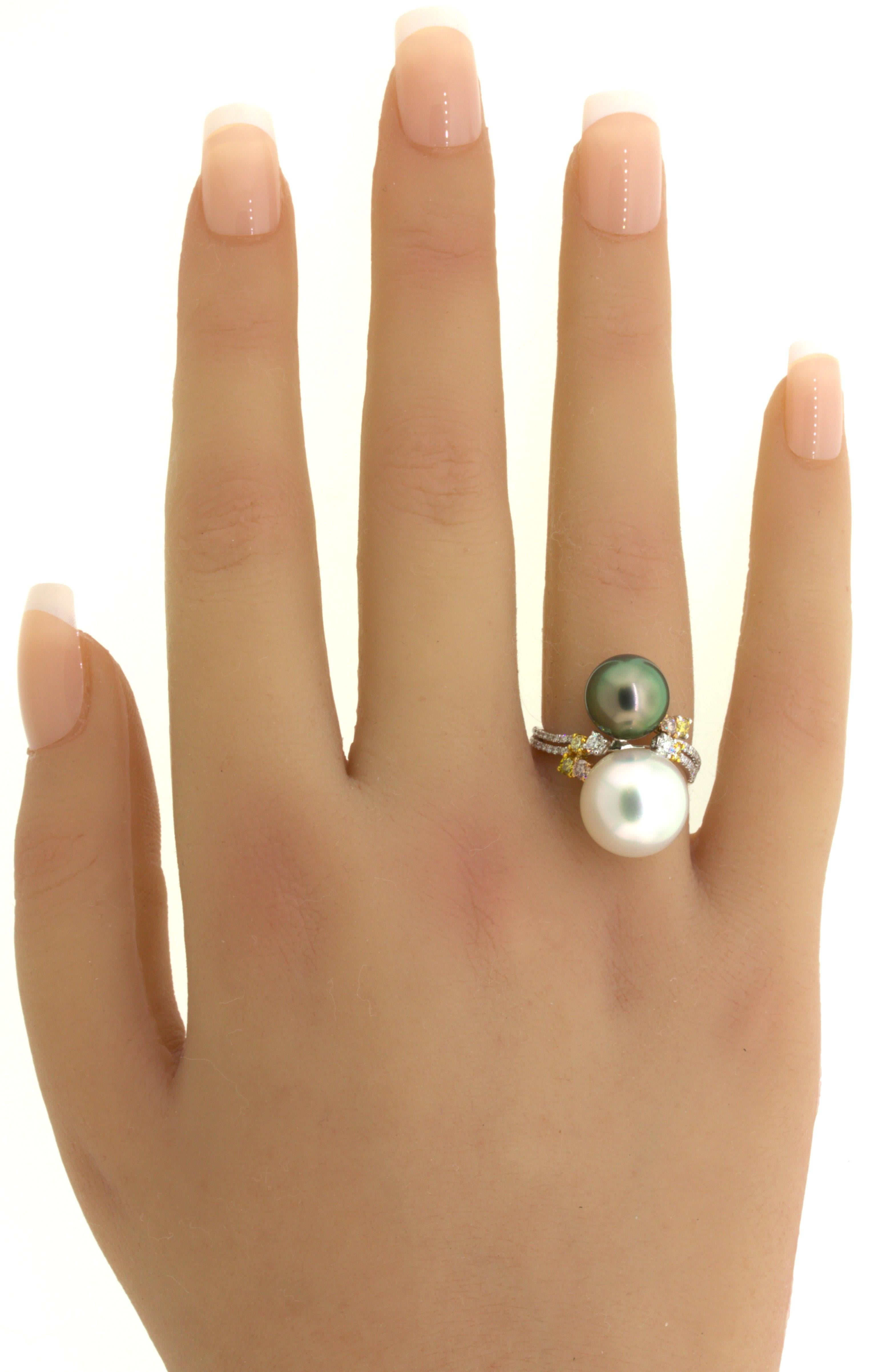 Superb South Sea & Tahitian Pearl Fancy-Color Diamond 18K White Gold Ring For Sale 7
