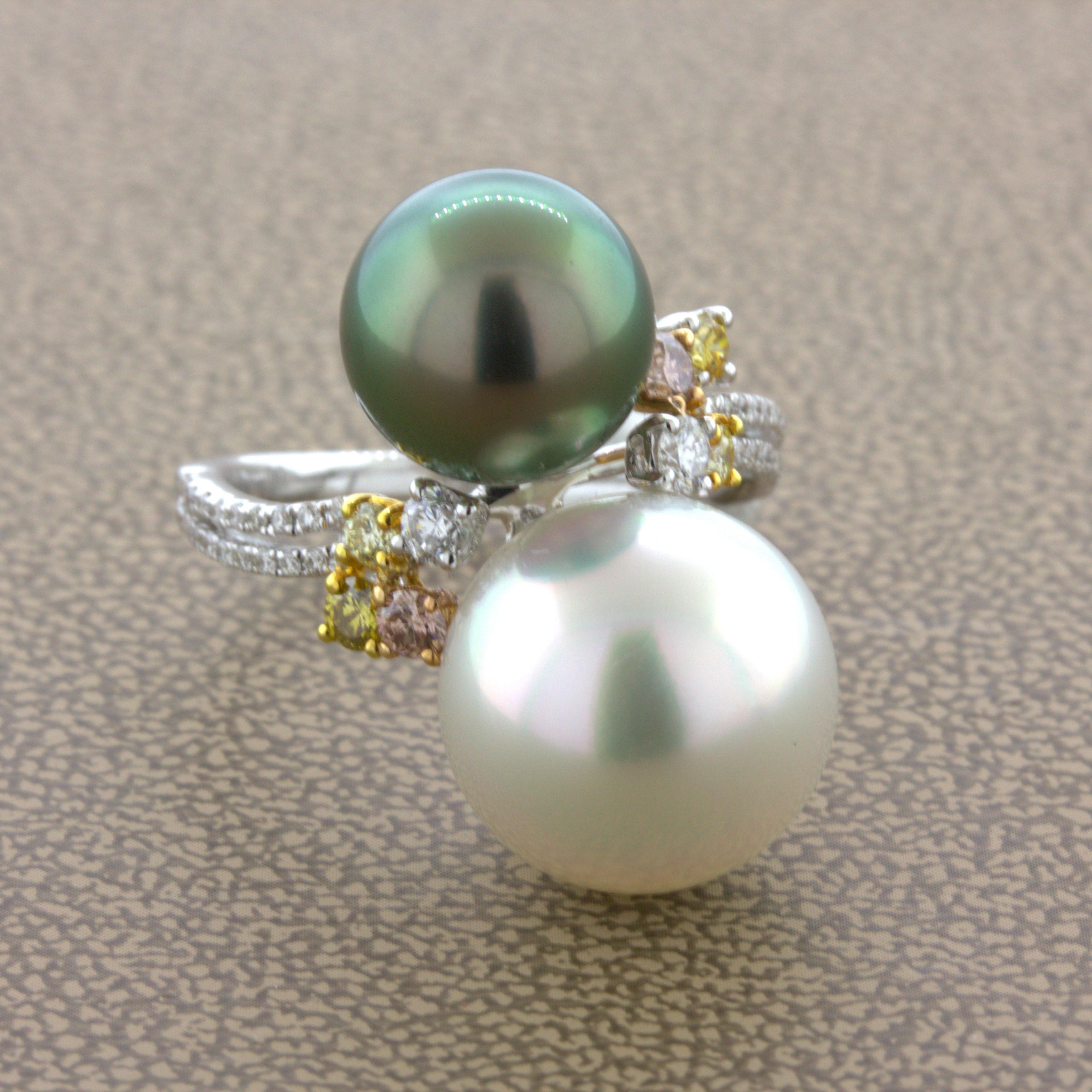 Round Cut Superb South Sea & Tahitian Pearl Fancy-Color Diamond 18K White Gold Ring For Sale