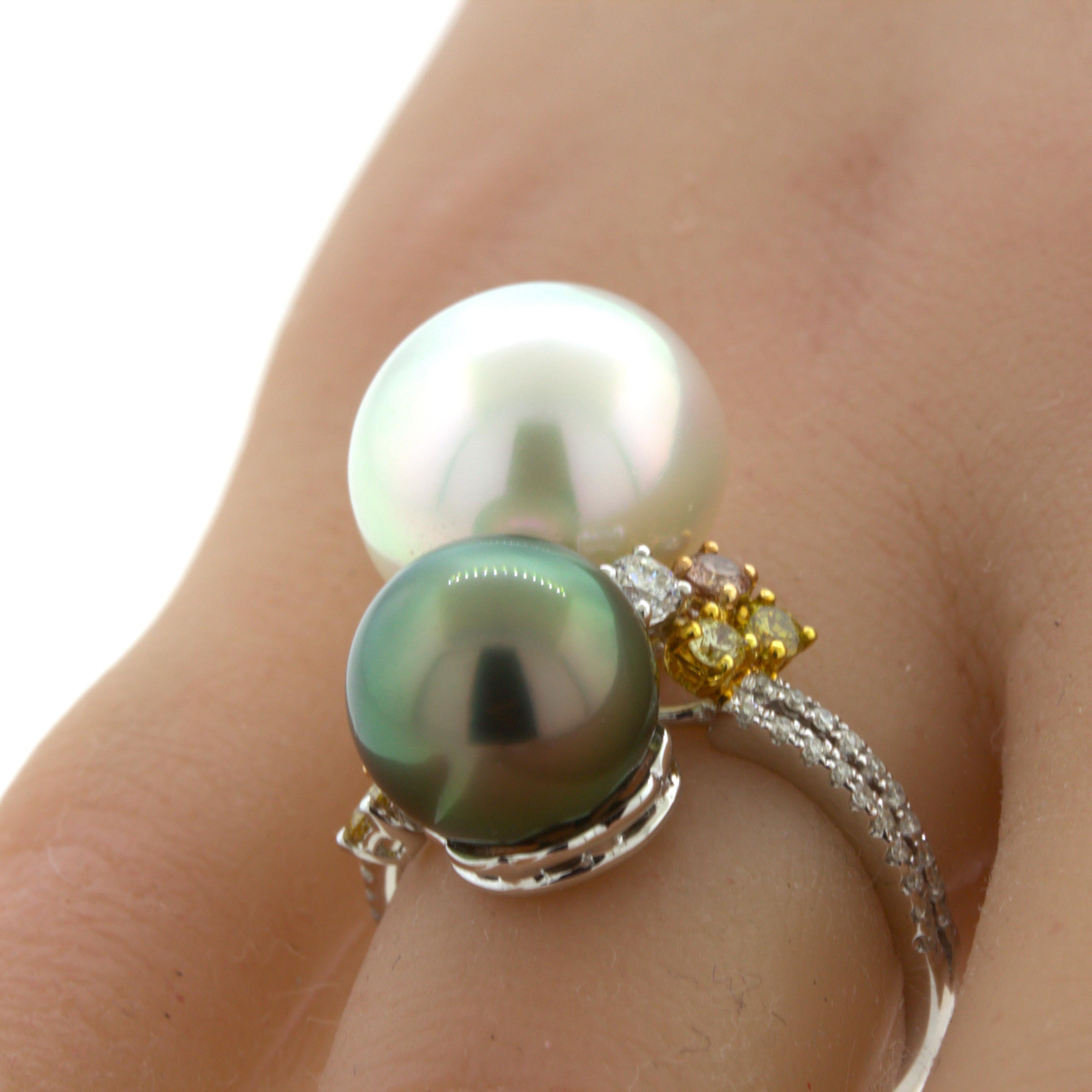 Women's Superb South Sea & Tahitian Pearl Fancy-Color Diamond 18K White Gold Ring For Sale