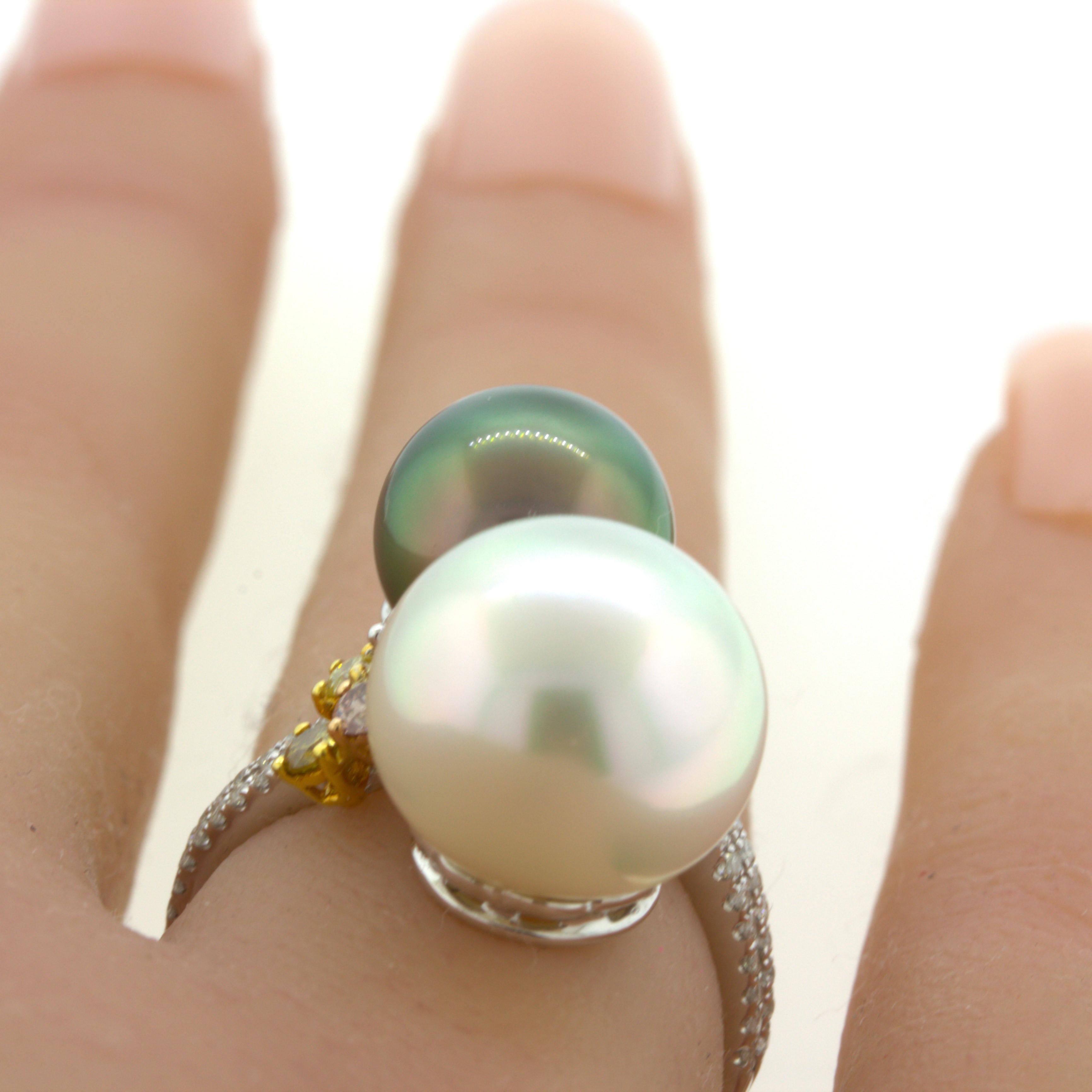 Superb South Sea & Tahitian Pearl Fancy-Color Diamond 18K White Gold Ring For Sale 2