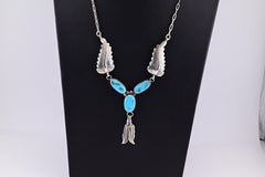 Superb Sterling Silver Native American Navajo Feather Turquoise Necklace