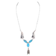 Superb Sterling Silver Native American Navajo Feather Turquoise Necklace