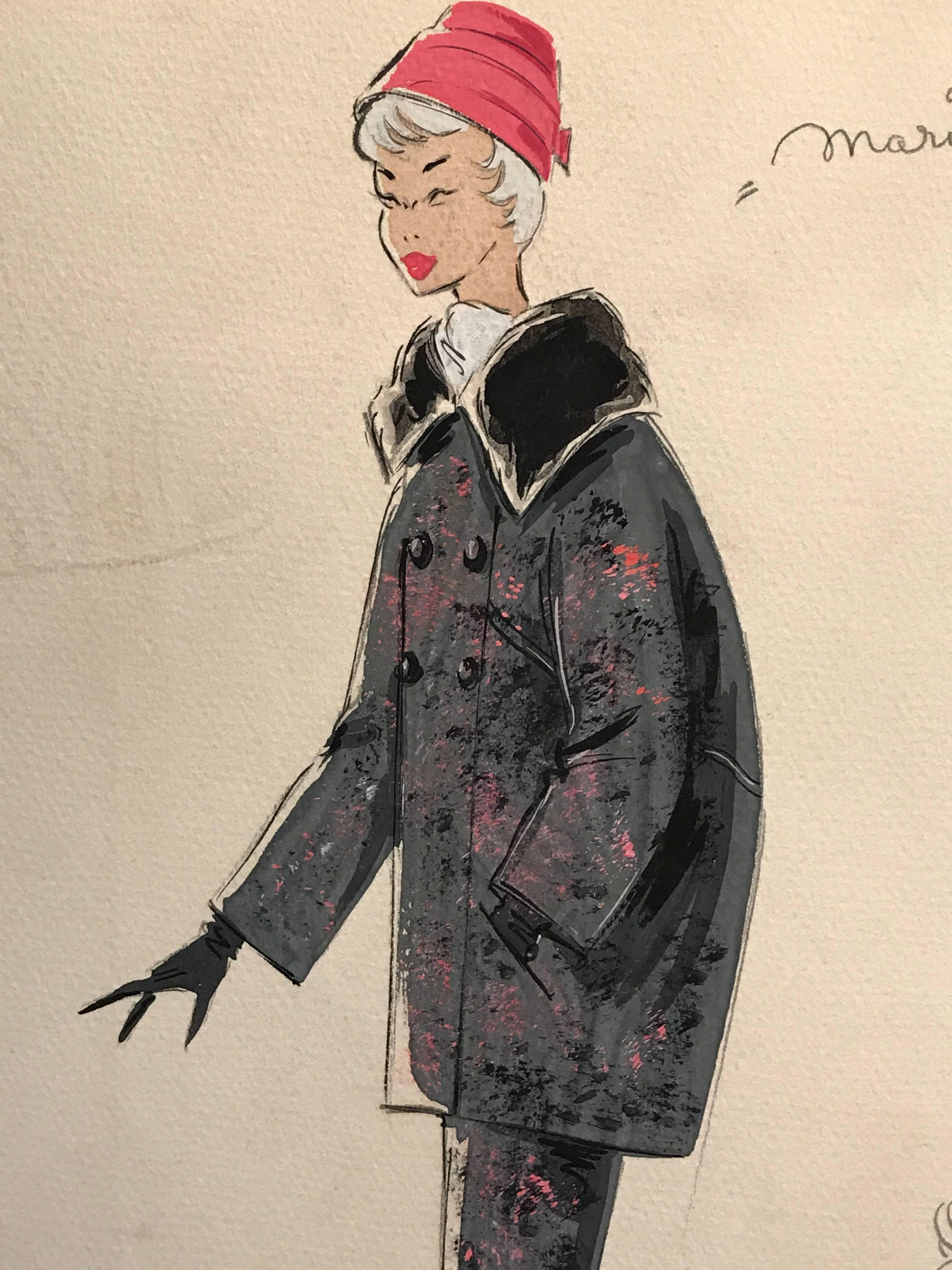Very stylish, unique and original 1950's fashion design, no doubt of Parisian origin. 

The painting, executed in gouache and pencil, is stamped verso by its designer Claude Monnat. 

The is original, vintage and measures unframed 12.5 x 9.75