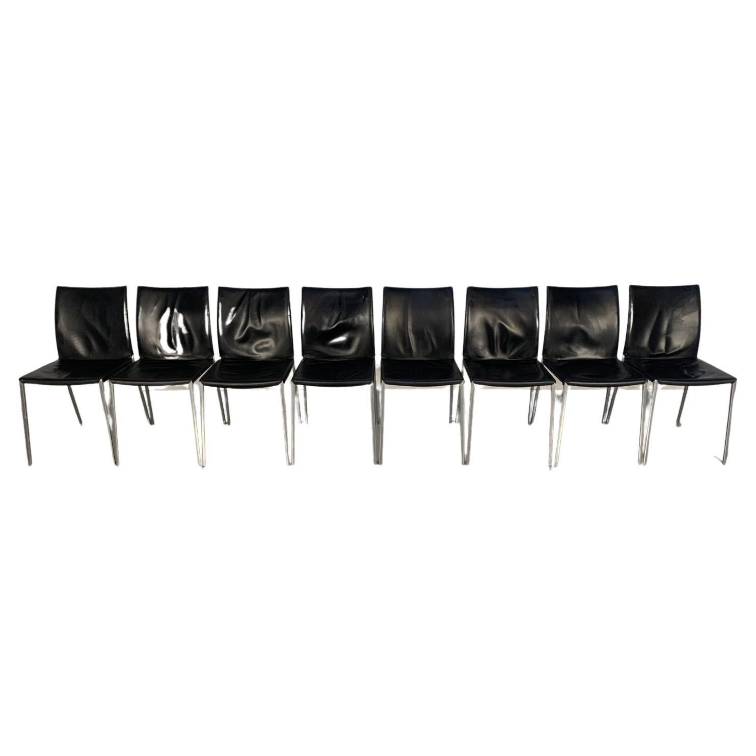 Superbe ensemble de 8 chaises de salle à manger Zanotta Lia 2086 en cuir noir et aluminium en vente