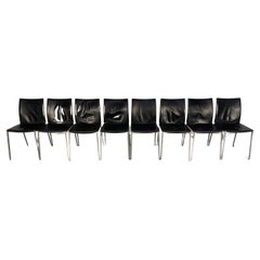 Used Superb Suite of 8 Zanotta “Lia 2086” Dining Chairs in Black Leather & Aluminium
