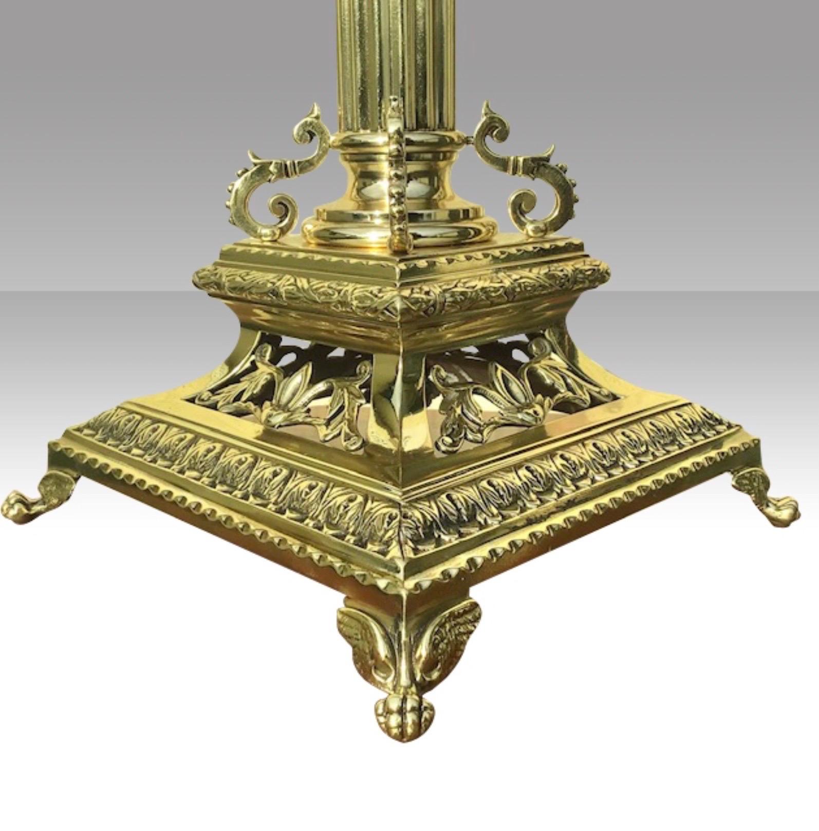 British Superb Tall Antique Brass Corinthian Column Oil Lamp For Sale