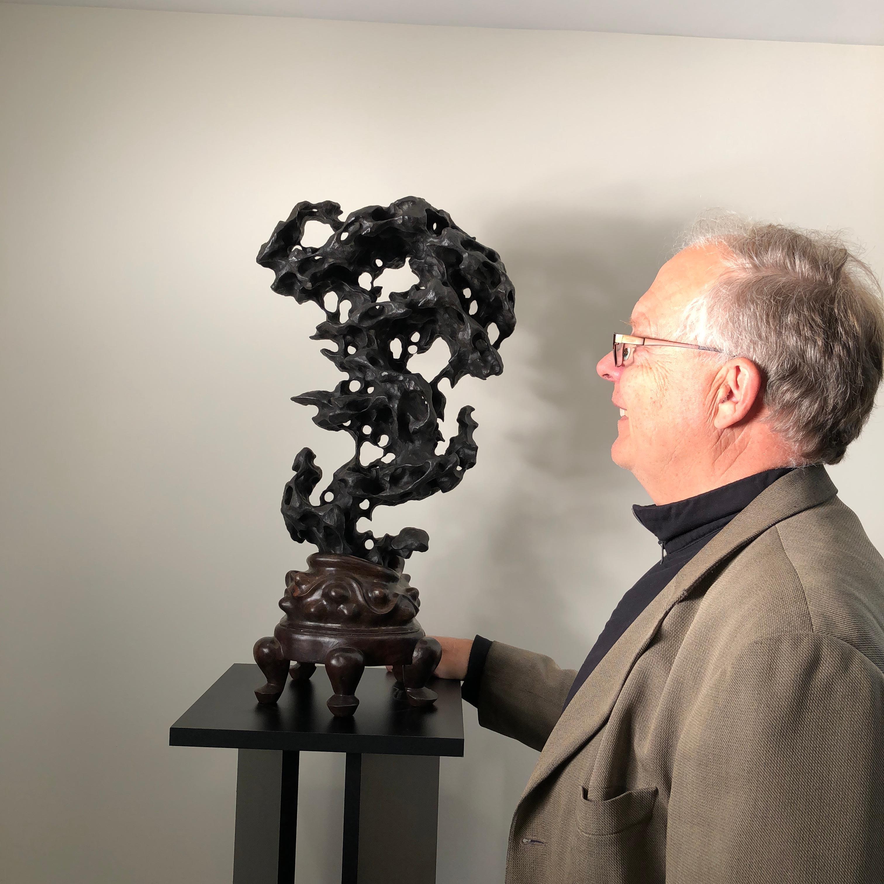This is a beautiful tall 24.5 inch tall example of an old black Chinese Taihu viewing stone or scholar rock mounted in a custom hand carved hard wood base.

Superb example, one of the finest we have had in recent years. Notice the extraordinary
