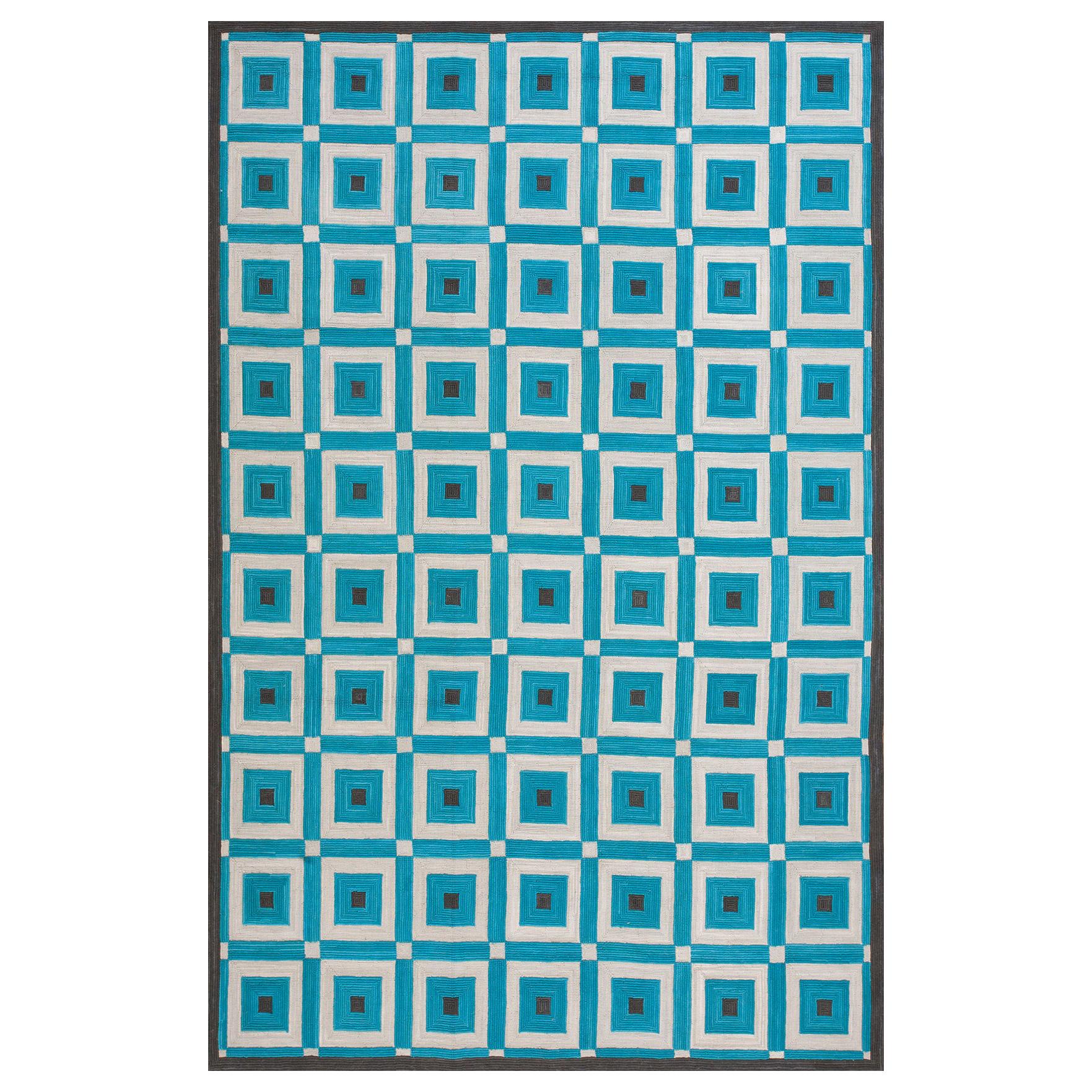 Superb Teal Geometrisches Design Farbe Zeitgenössische Handgefertigte Baumwolle Hooked Rug 6 x 9 im Angebot