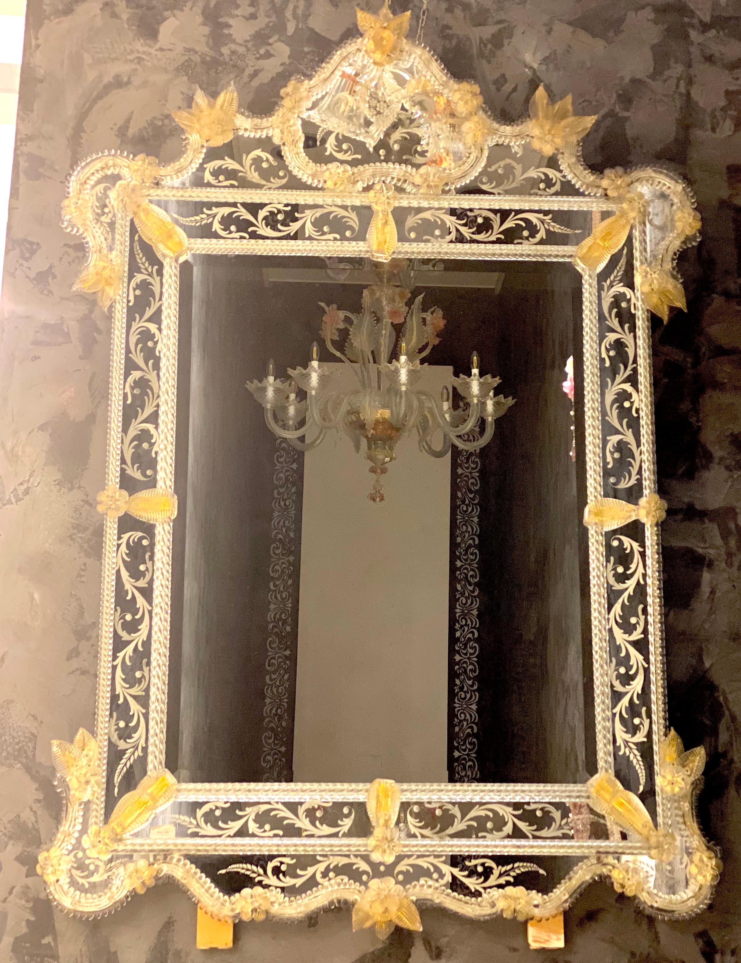 Modern Superb Venetian Etched Murano Glass Mirror For Sale