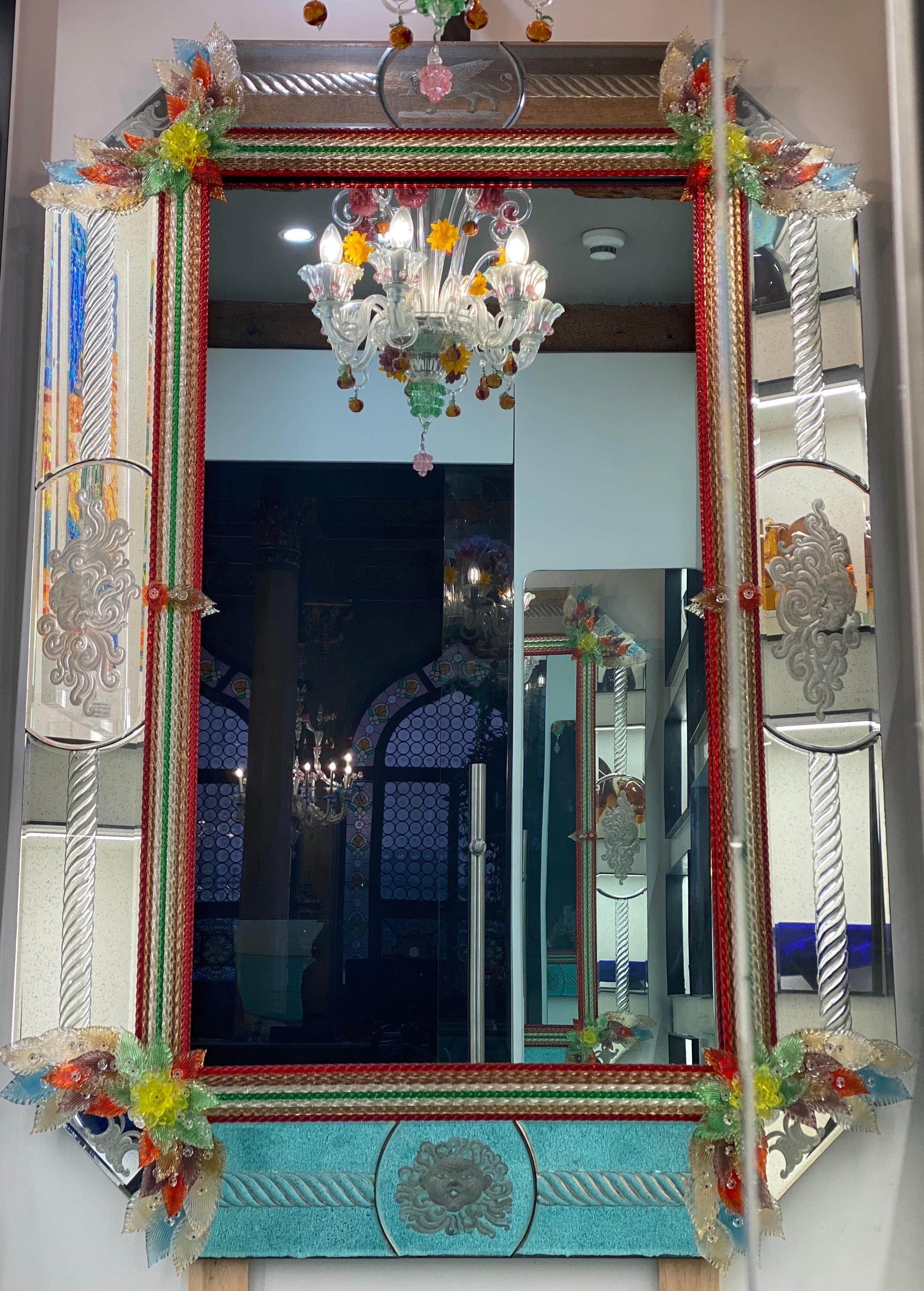 Italian Superb Venetian Multicolor Murano Glass Mirror For Sale