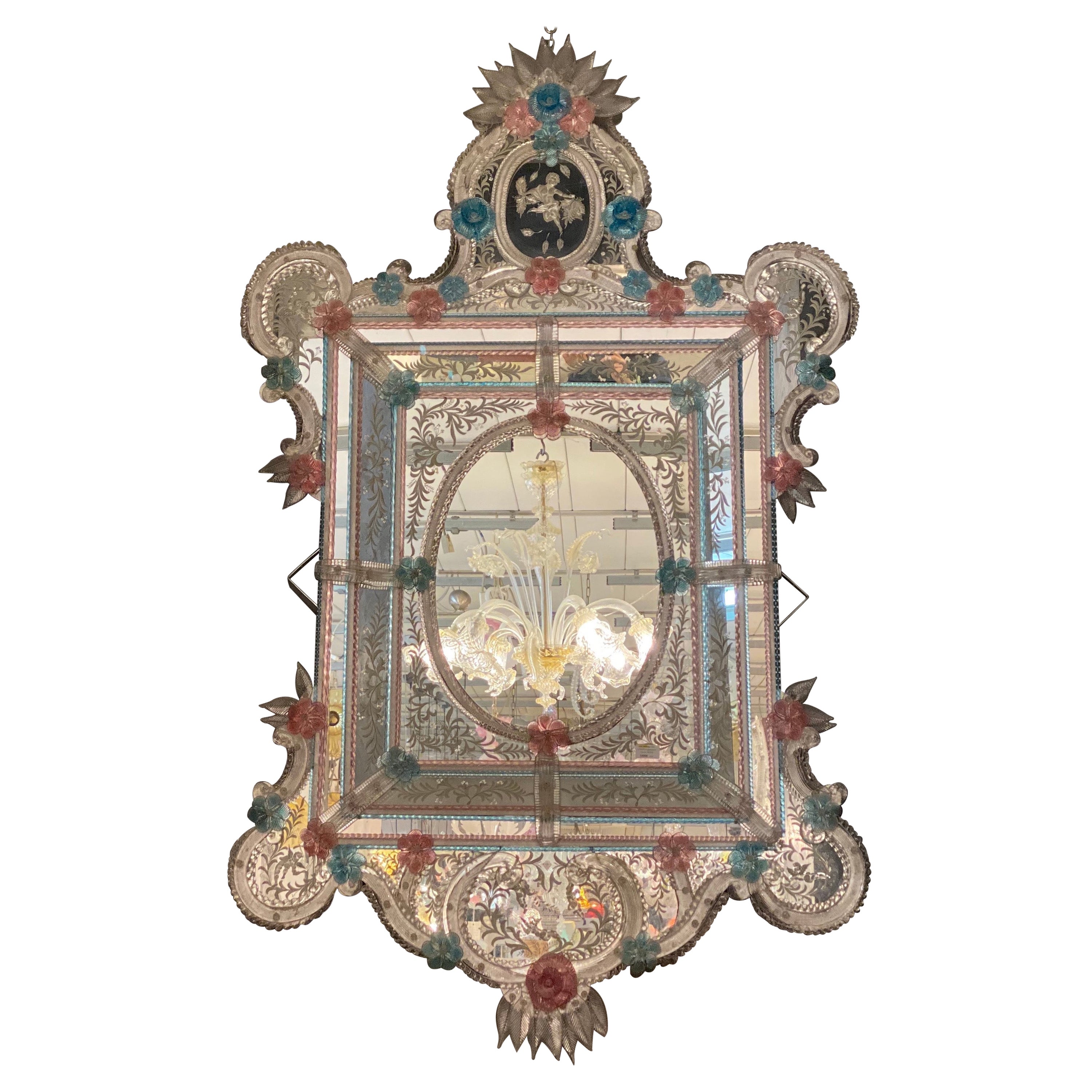 Superbo specchio veneziano in vetro di Murano