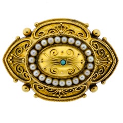 Superb Victorian 14 Karat Yellow Gold Pearl and Turquoise Brooch