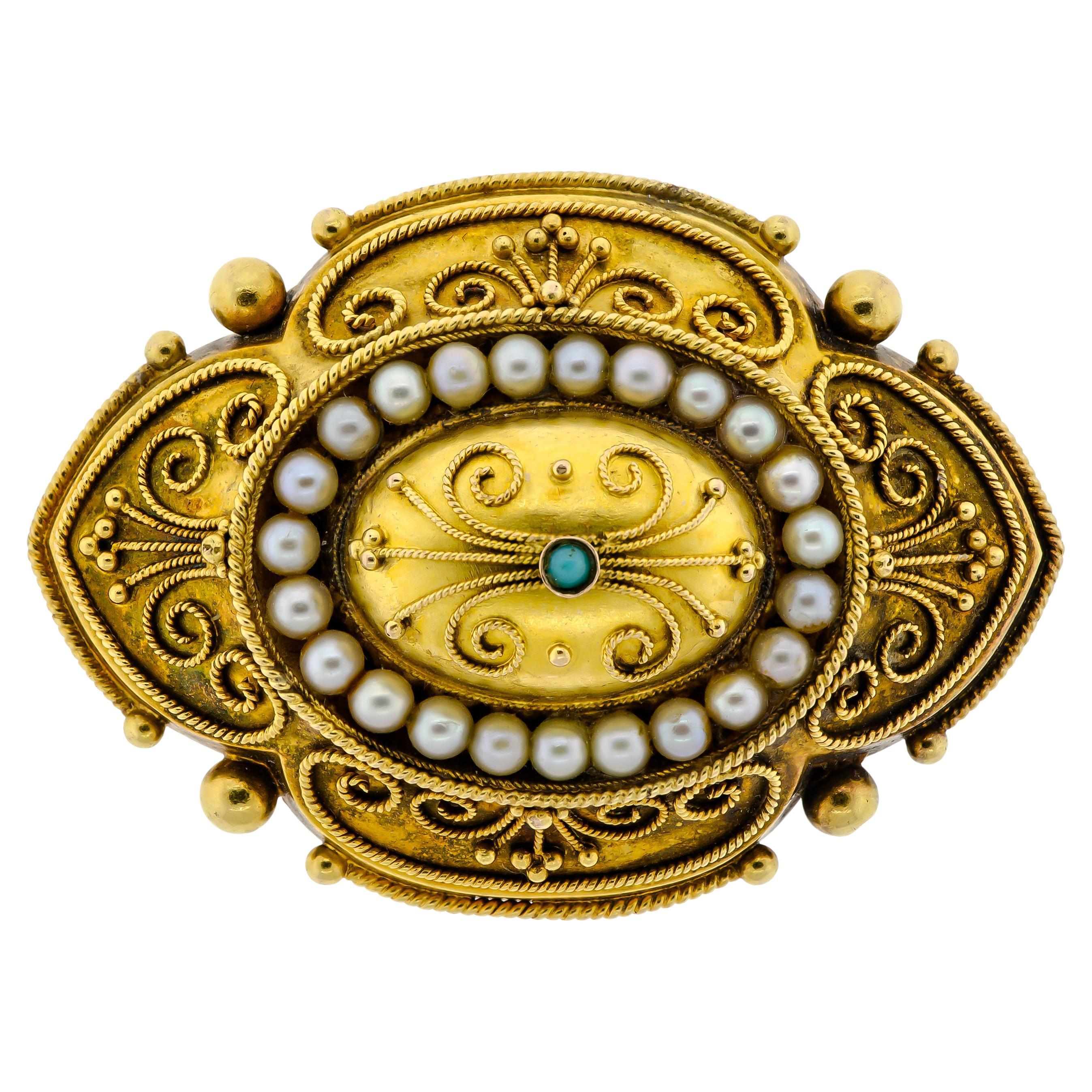 Superb Victorian 14kt Yellow Gold Pearl and Turquoise Locket Compartment Back Br For Sale