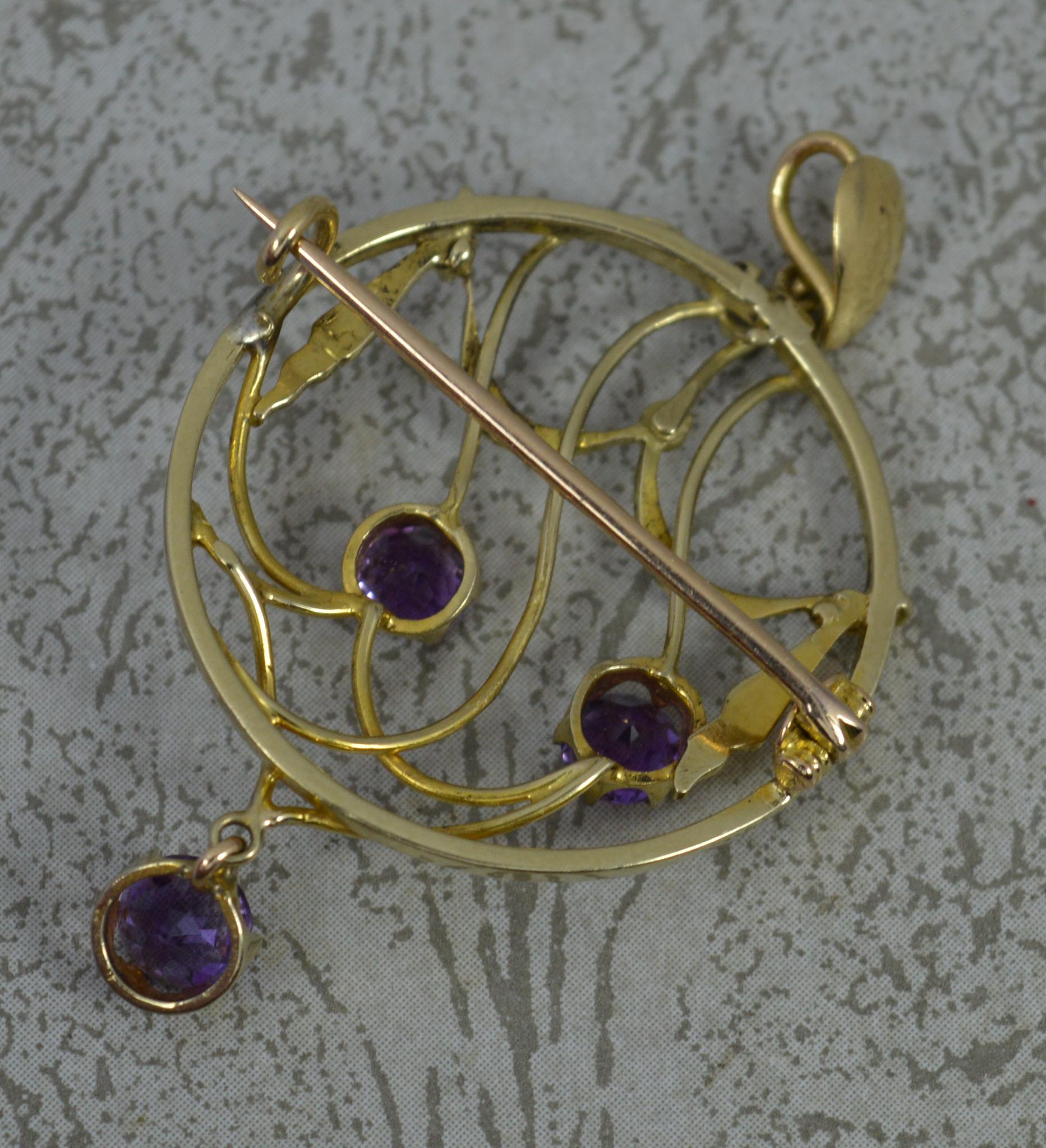Round Cut Superb Victorian 15 Carat Gold and Amethyst Pendant and Brooch For Sale