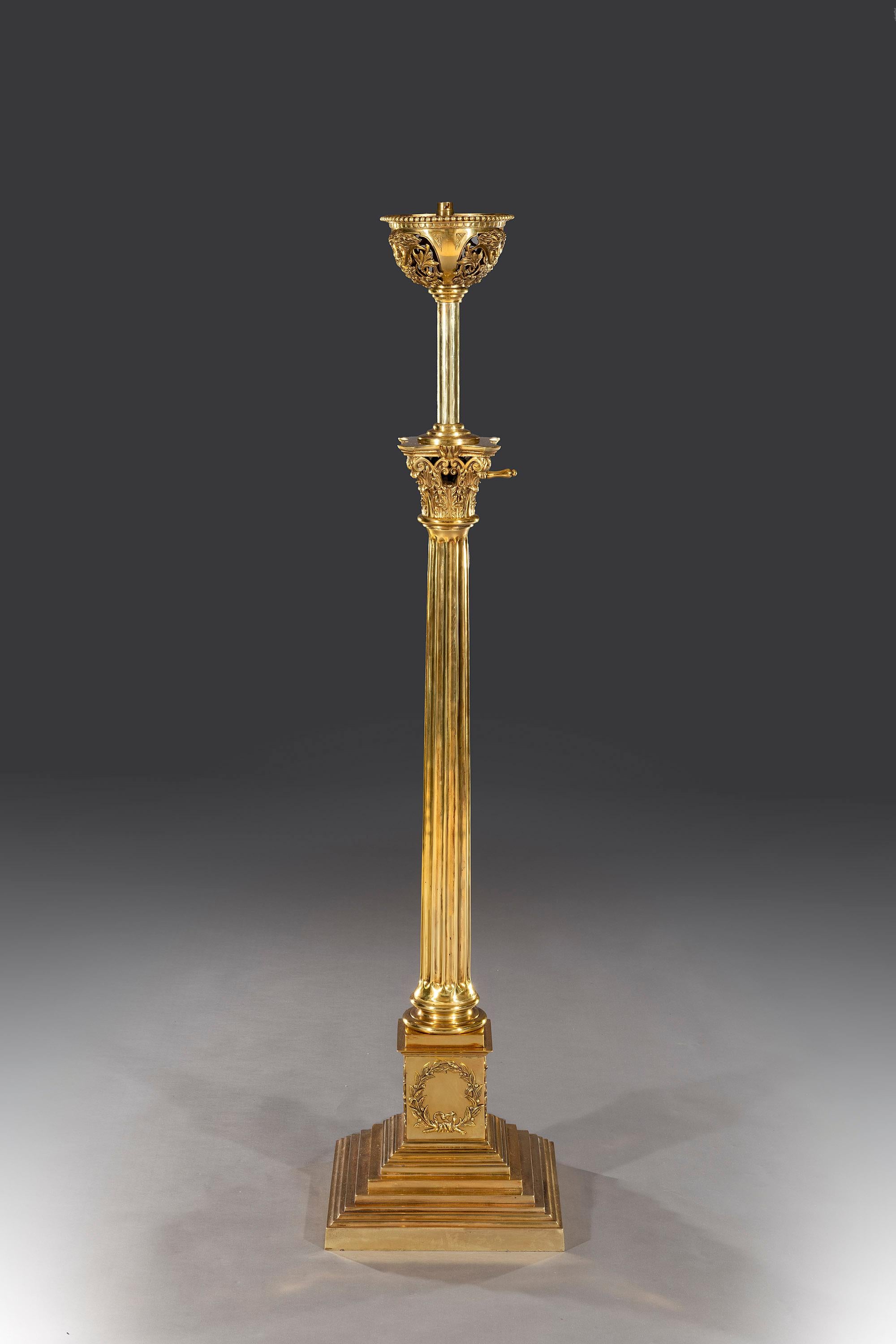The telescopic lamp is of the finest casting and is crisp throughout with the telescopic level located at the top of the column within the capital. The brass lamp is almost certainly a one off as its statue is bold and powerful.