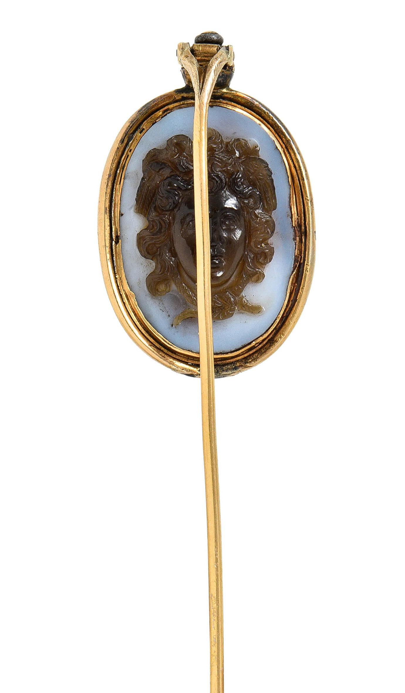 Oval Cut Superb Victorian Agate Cameo 18 Karat Gold Mythology Perseus Medusa Stickpin For Sale