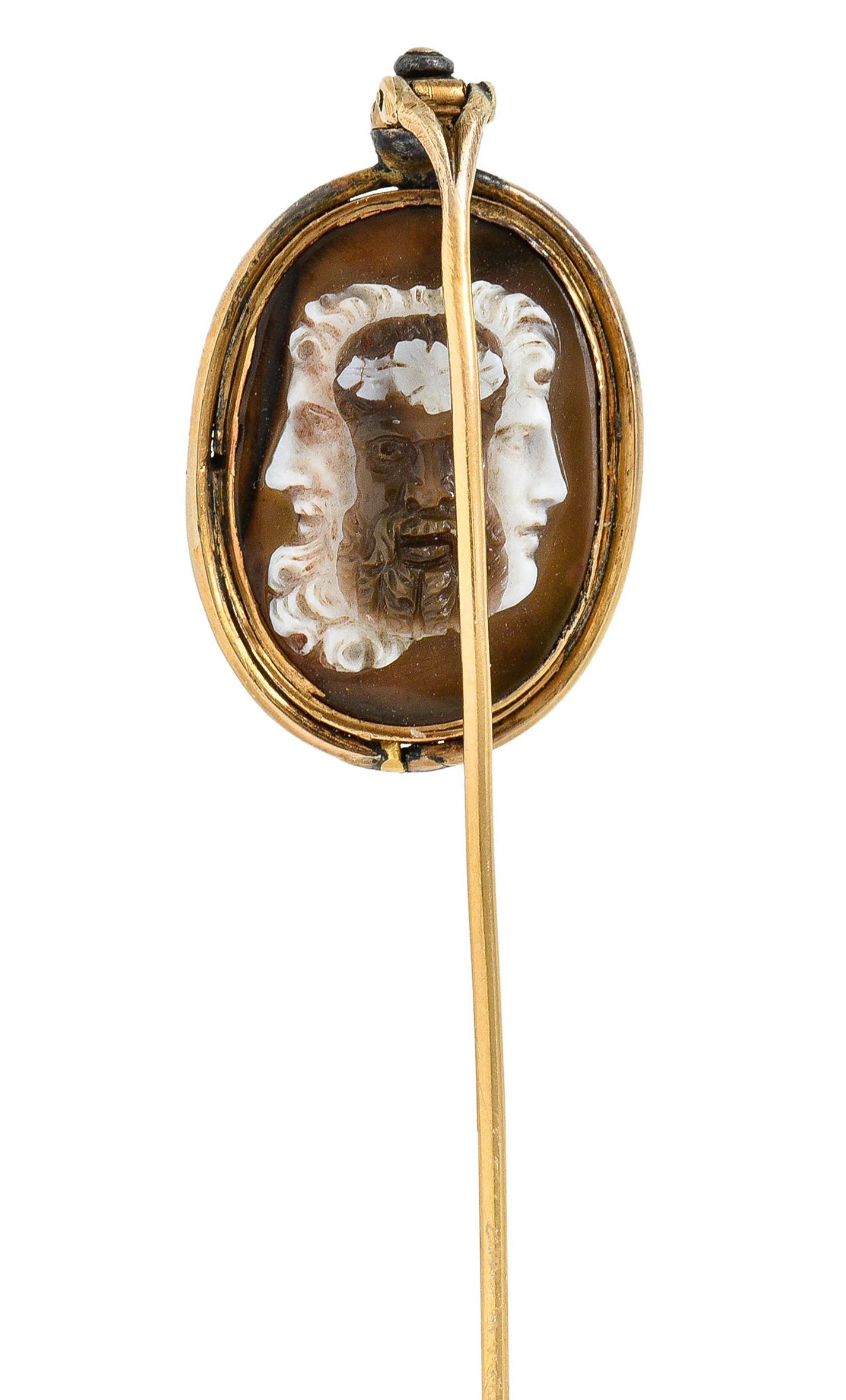 Superb Victorian Agate Cameo 18 Karat Gold Mythology Perseus Medusa Stickpin In Excellent Condition For Sale In Philadelphia, PA