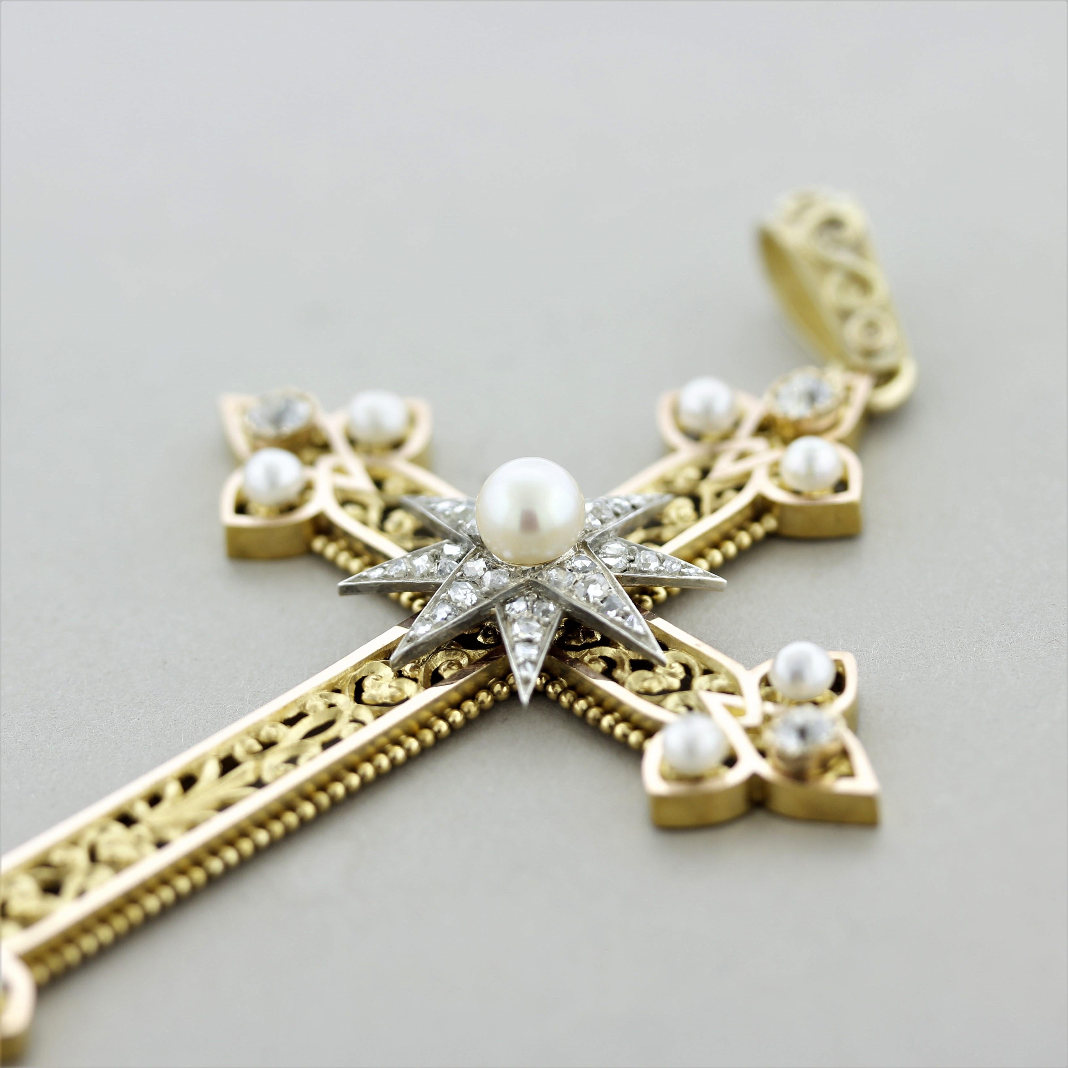 Superb Victorian Antique Diamond Pearl Gold Cross Pendant In Excellent Condition For Sale In Beverly Hills, CA