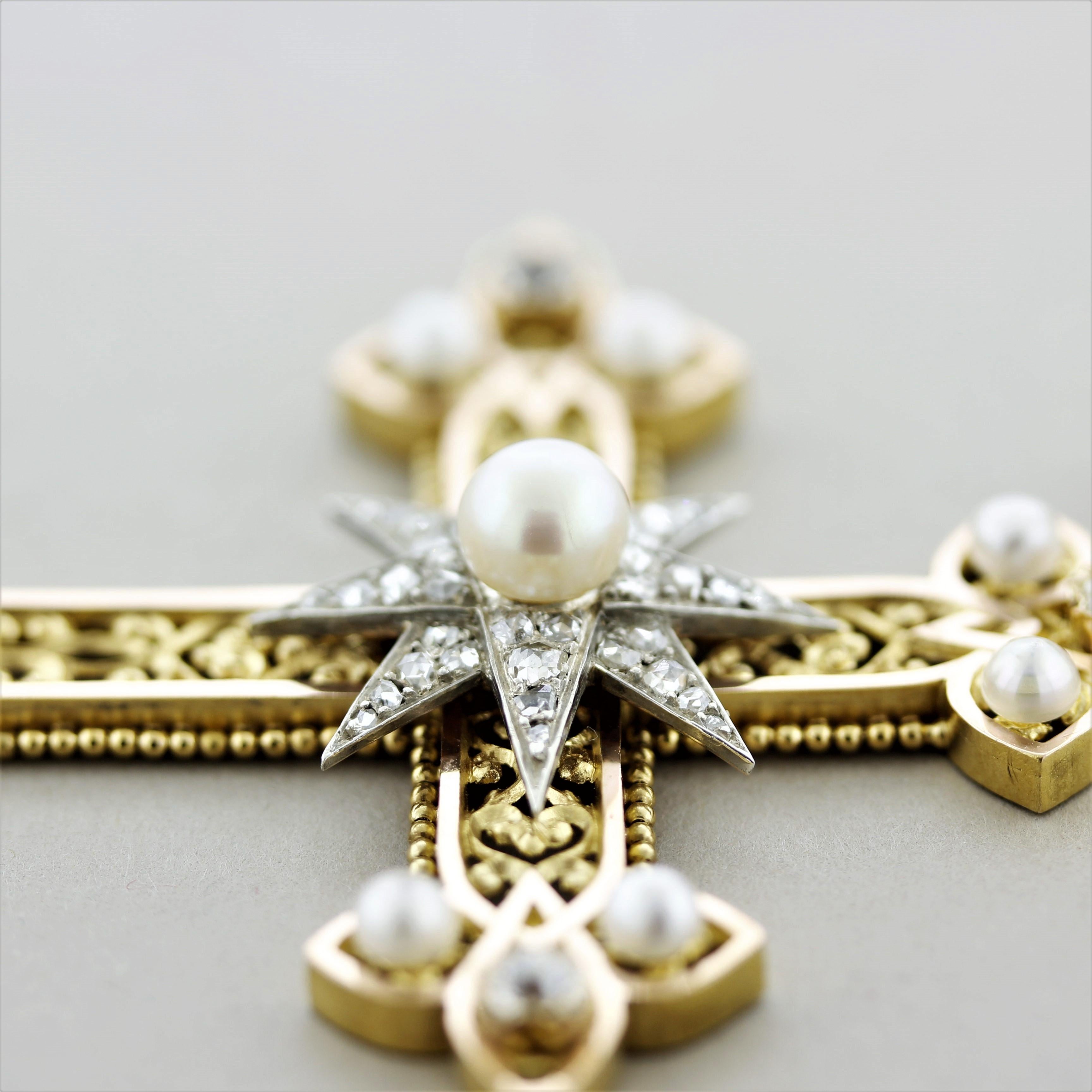 Superb Victorian Antique Diamond Pearl Gold Cross Pendant For Sale 1