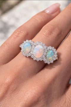 Superb Victorian style, 18ct White Gold Opal & Diamond Trilogy Cluster Ring