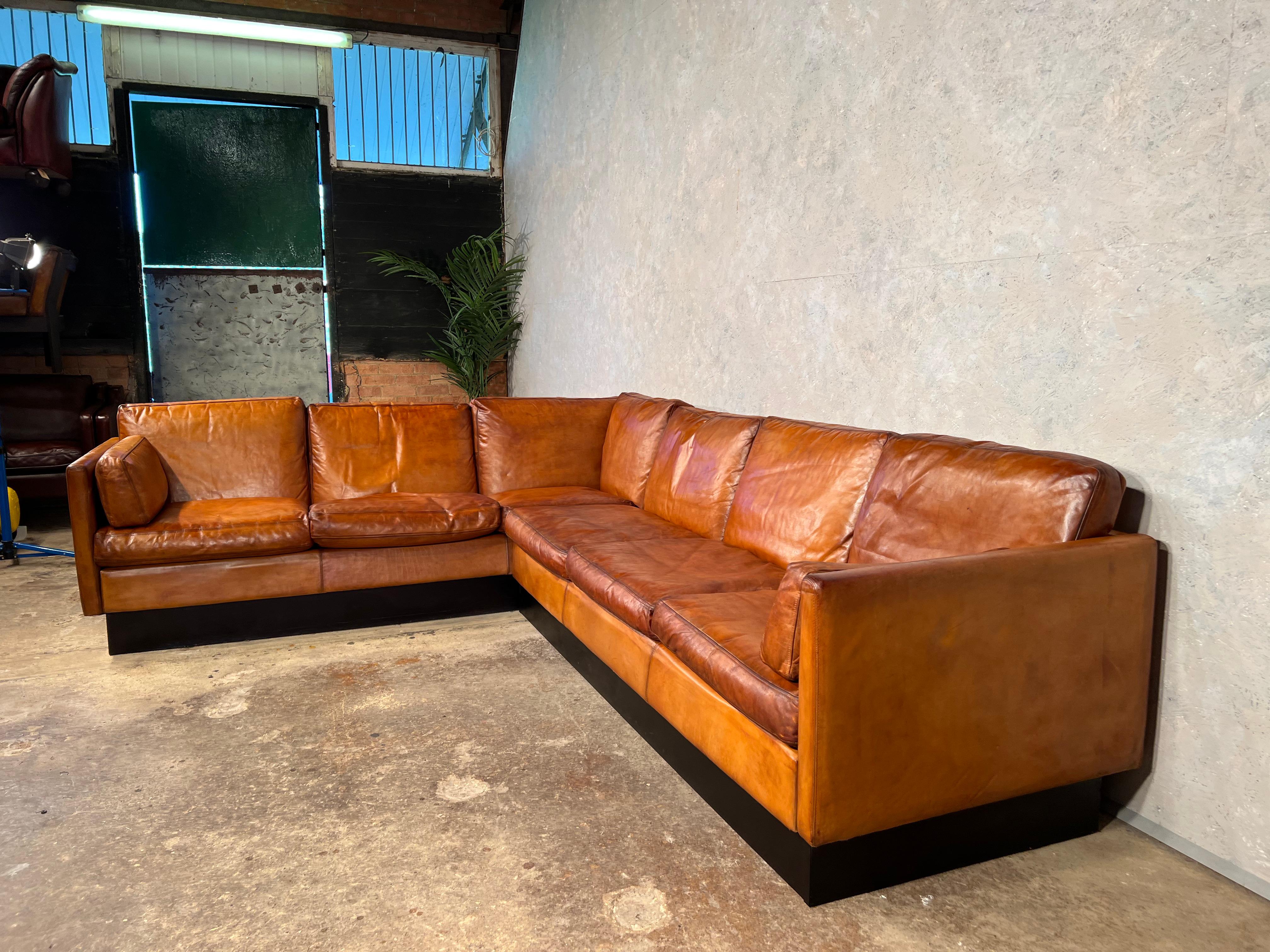 Superb Vintage 70S Danish Leather Corner Sofa Mid Century Light Tan #605 3