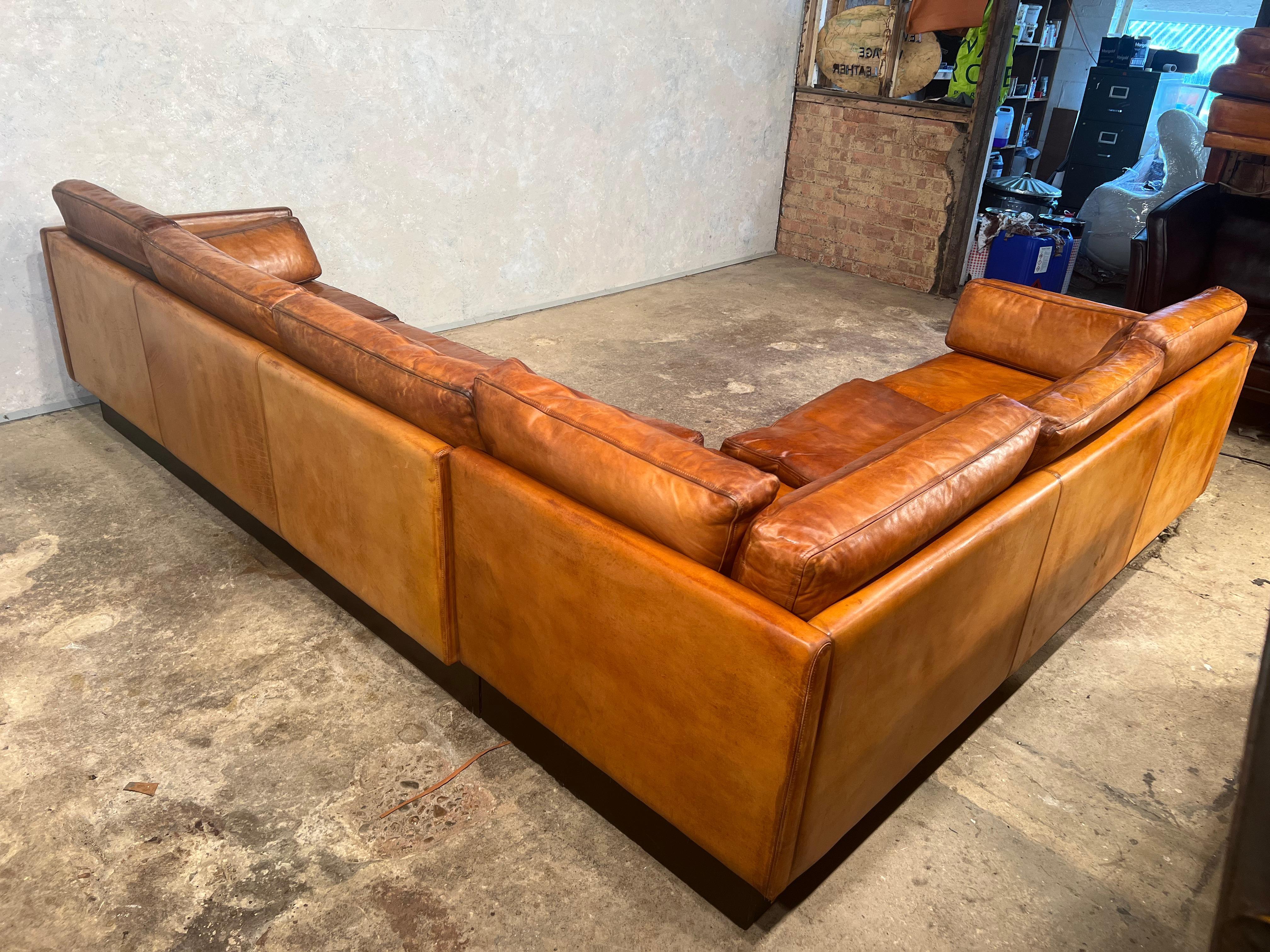 Superb Vintage 70S Danish Leather Corner Sofa Mid Century Light Tan #605 4
