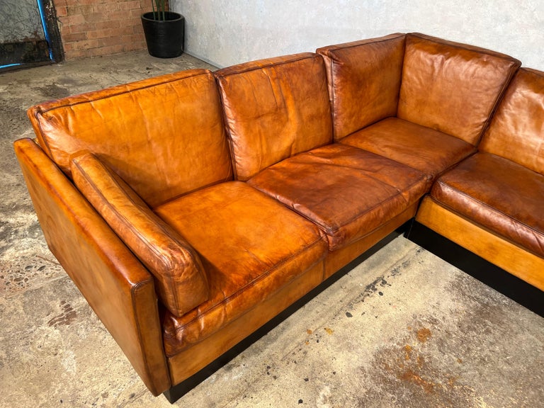 Superb Vintage 70S Danish Leather Corner Sofa Mid Century Light Tan #605 at 1stDibs