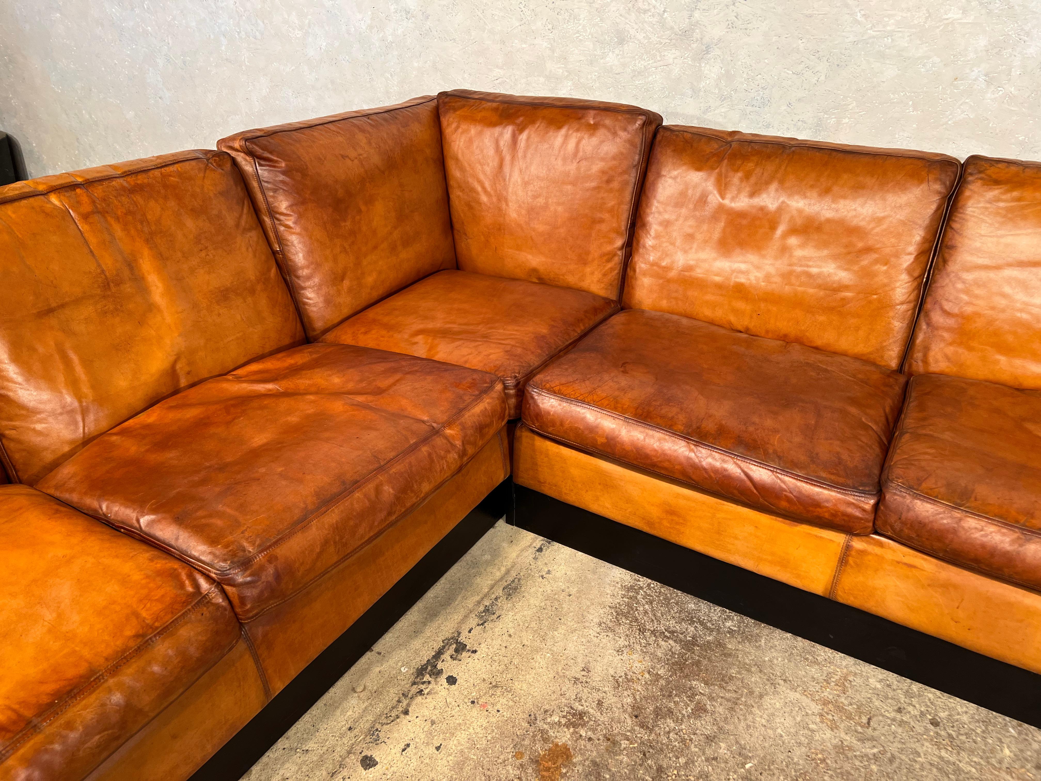Superb Vintage 70S Danish Leather Corner Sofa Mid Century Light Tan #605 In Good Condition In Lewes, GB