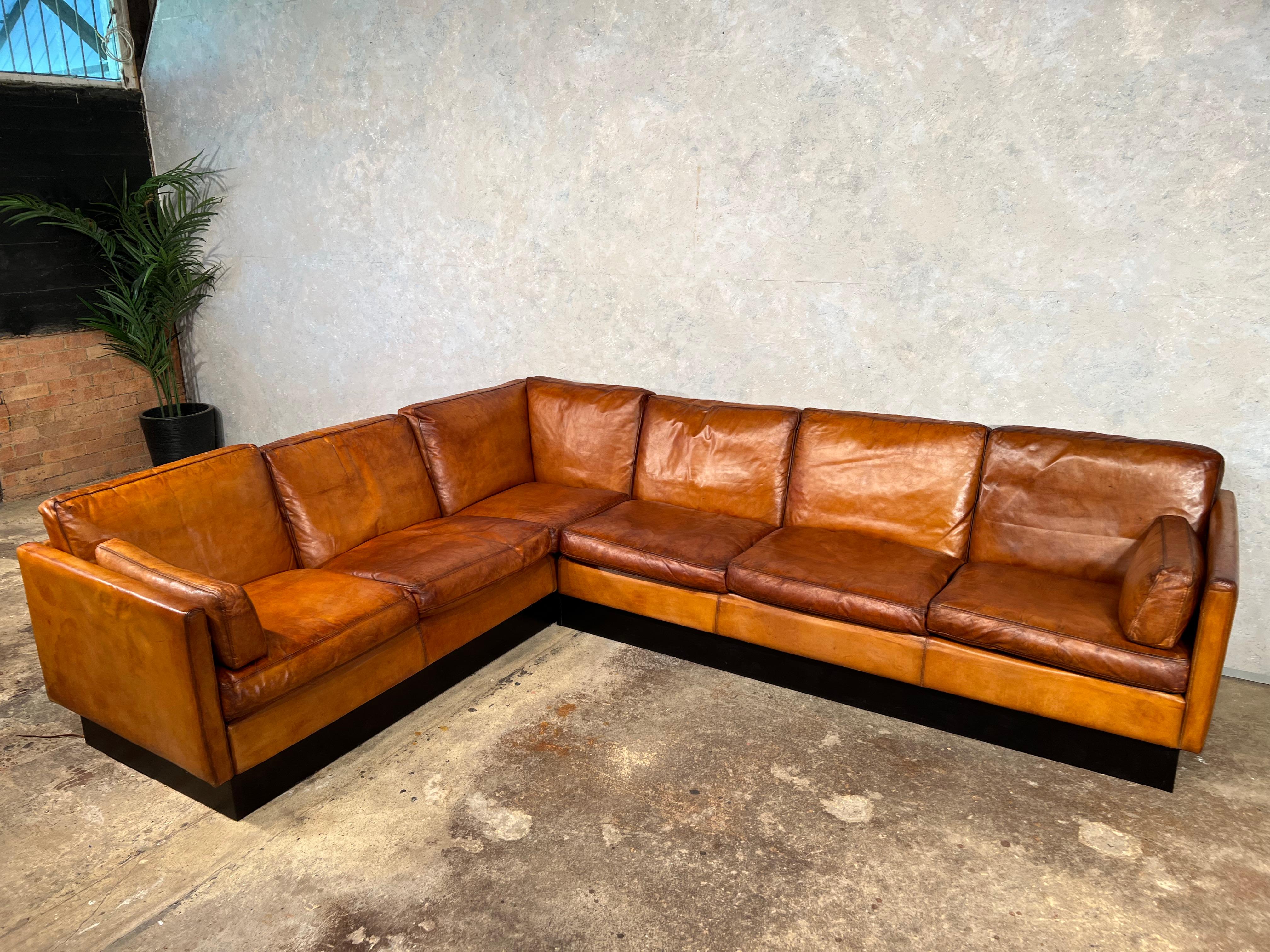 20th Century Superb Vintage 70S Danish Leather Corner Sofa Mid Century Light Tan #605