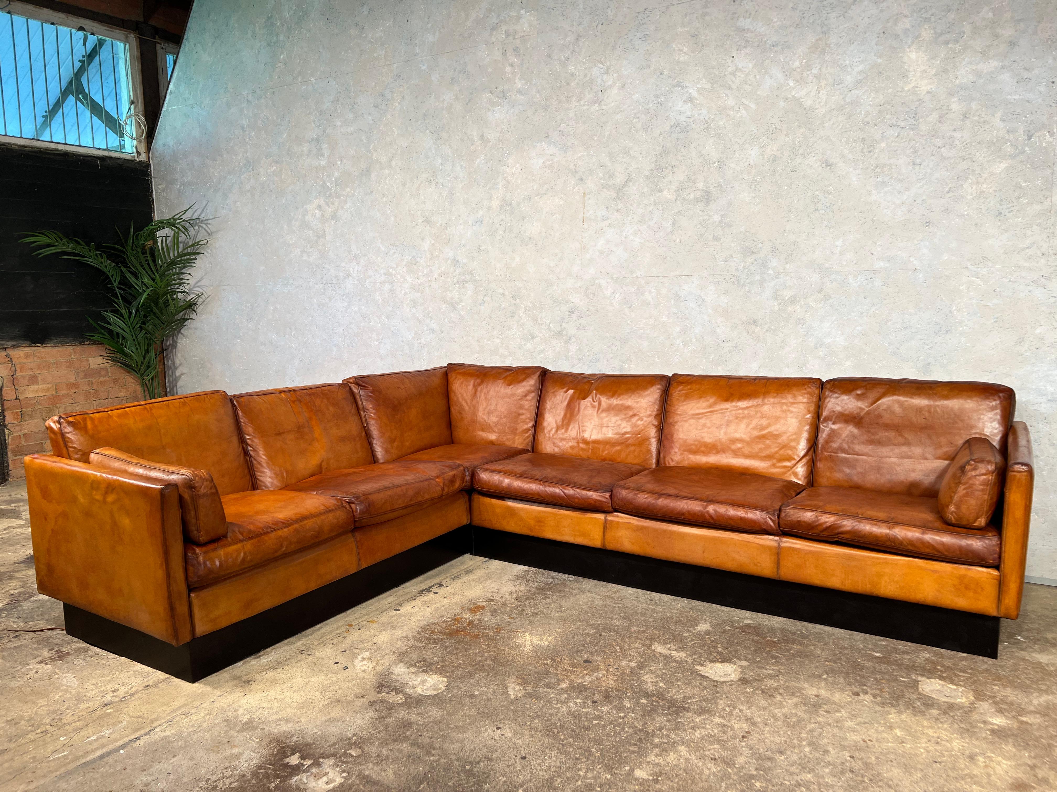 Superb Vintage 70S Danish Leather Corner Sofa Mid Century Light Tan #605 1