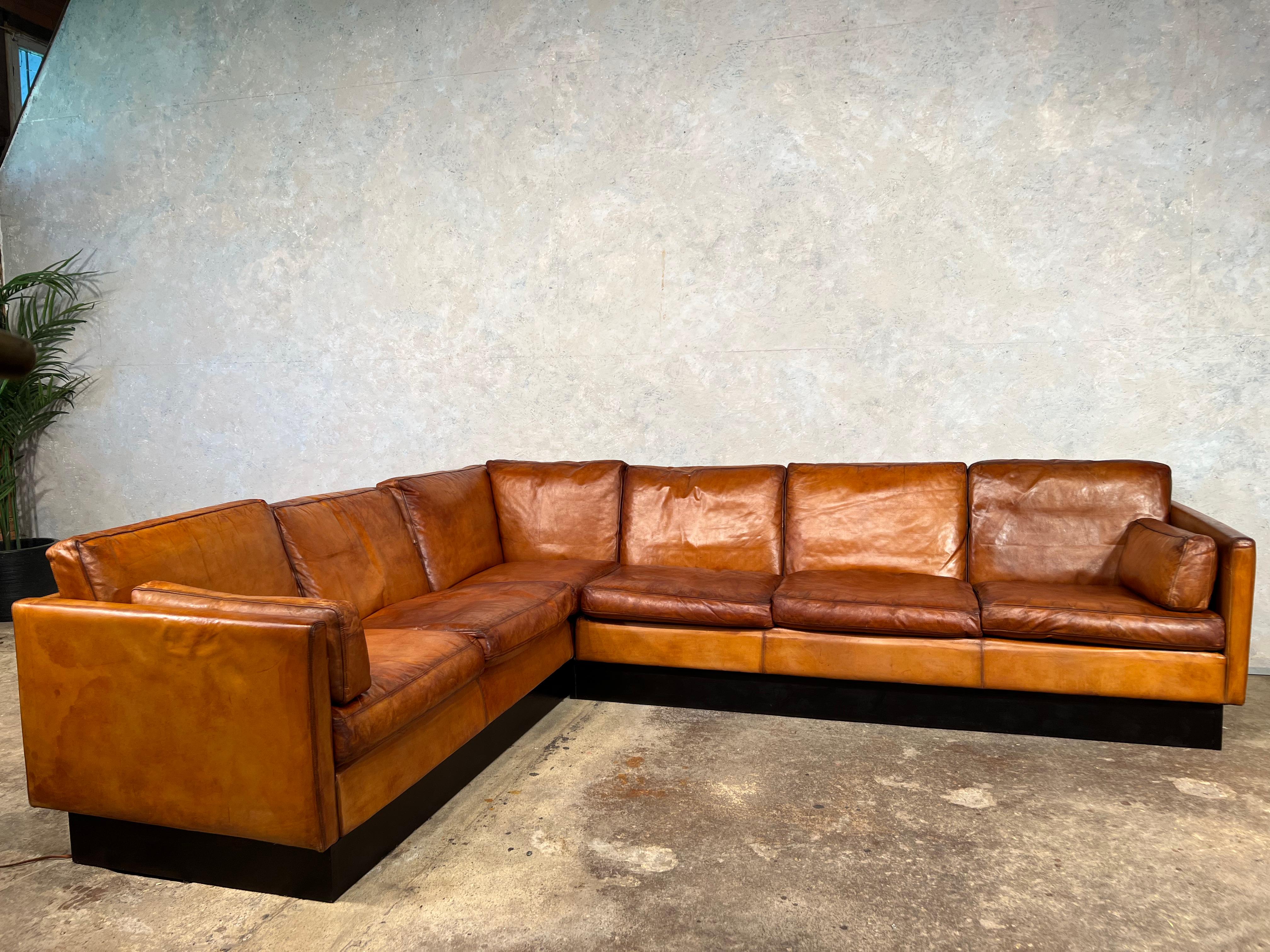 Superb Vintage 70S Danish Leather Corner Sofa Mid Century Light Tan #605 2