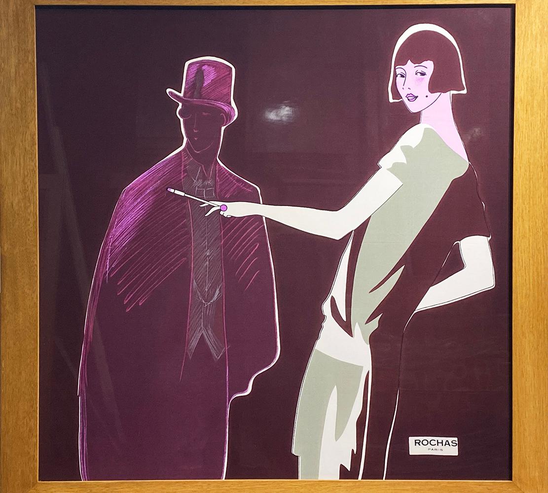 Art Deco wood framed scarf by Rochas - Paris
Burgundy colored background with 1930s Art deco style of a woman dressed and having her cigarette with a man in his suit.
Covered with plexiglass on the front with the scarf stretched on white Masonite