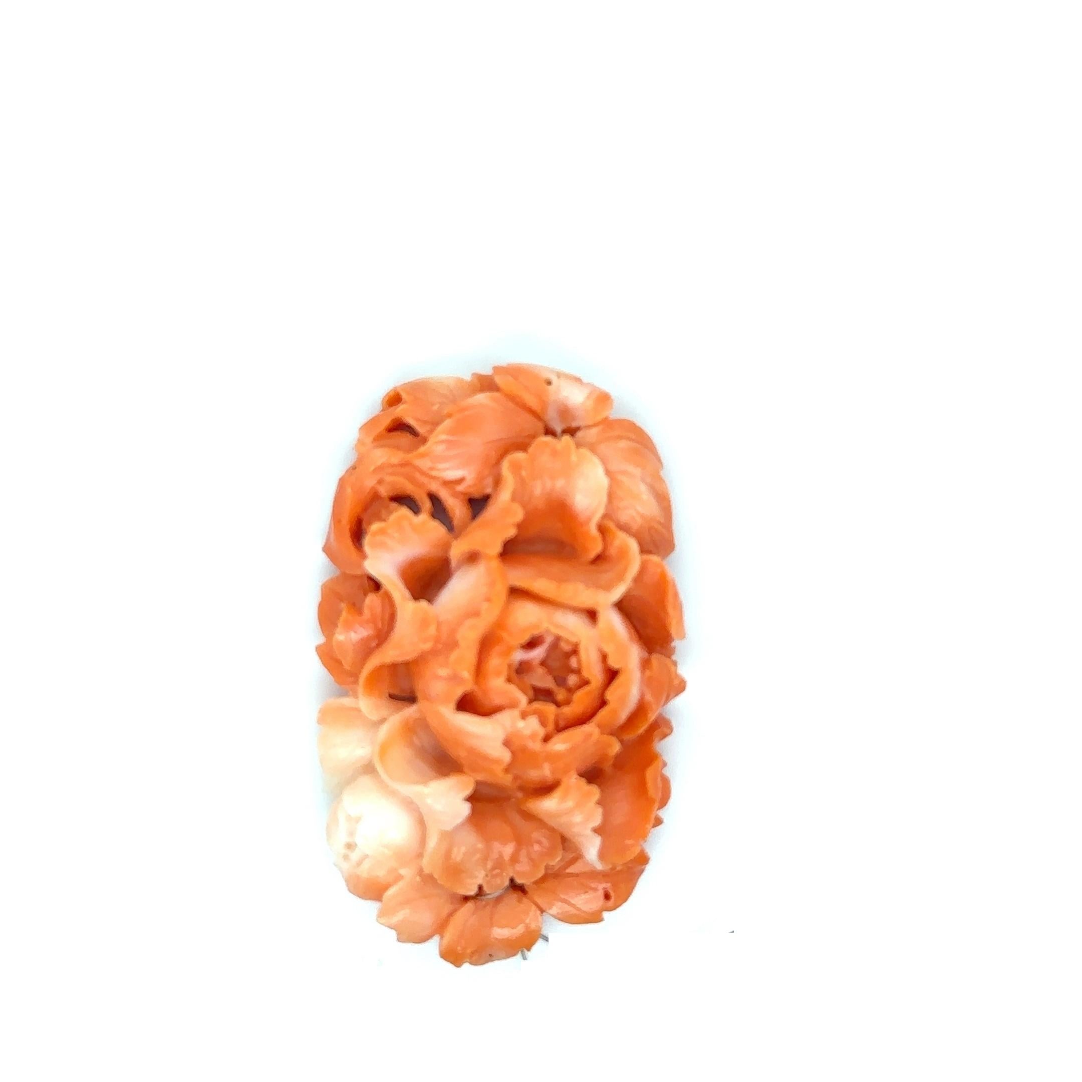 Superb vintage hand carved “Peony Floral Spray” natural color Momo coral plaque For Sale 1