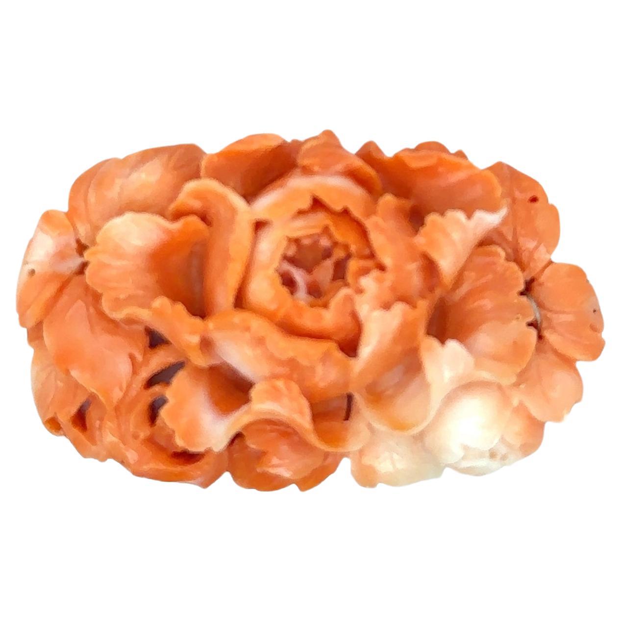 Superb vintage hand carved “Peony Floral Spray” natural color Momo coral plaque For Sale