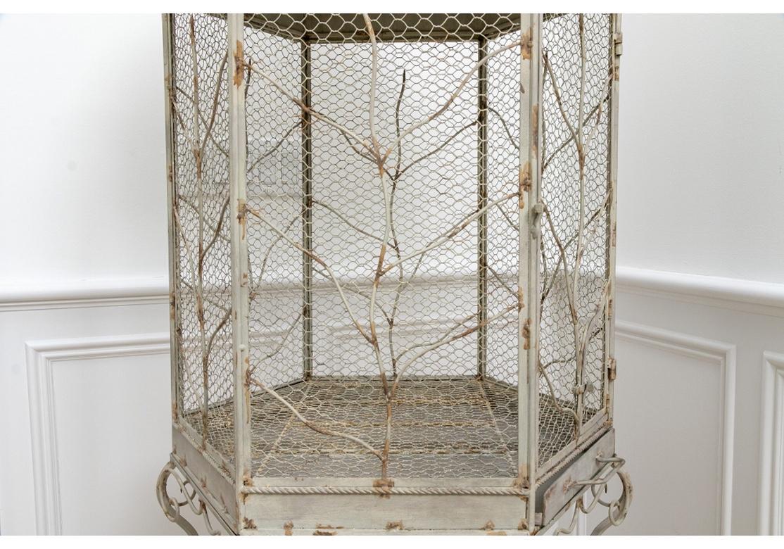 Superb Vintage Large Scale Painted Metal Bird Cage  In Distressed Condition For Sale In Bridgeport, CT