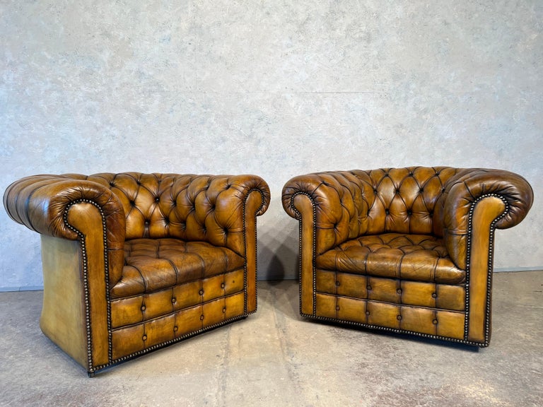 Superb Vintage Tan Pair of Fully Buttoned Leather Chesterfield ...
