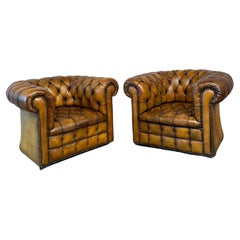 Superb Antique Tan Pair of Fully Buttoned Leather Chesterfield Armchairs #268