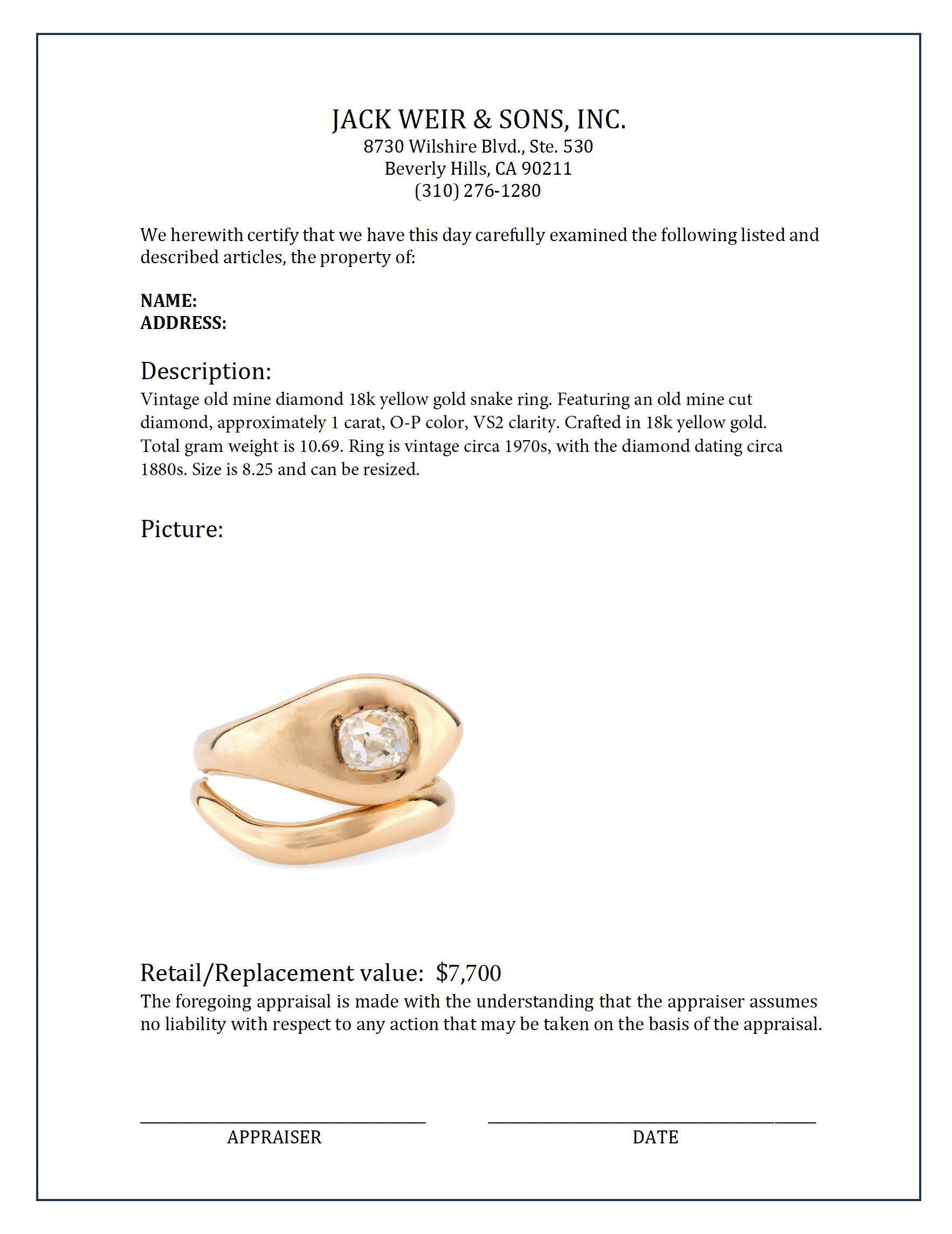 Superb vintage old mine diamond 18k yellow gold snake ring In Excellent Condition In Beverly Hills, CA