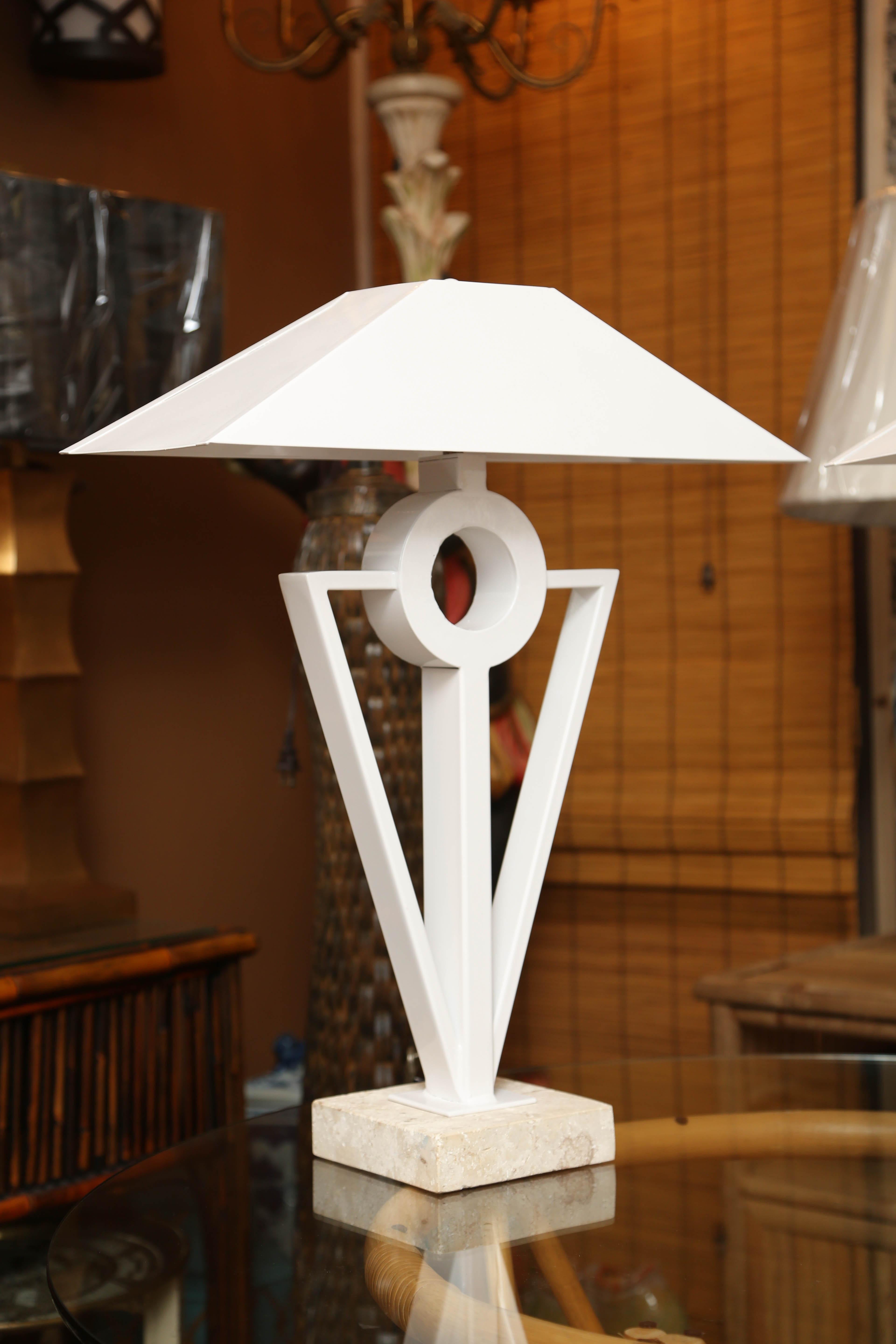 Superb vintage pair of custom Fire Art white lacquered metal lamp on a travertine metal base to candle base sockets.