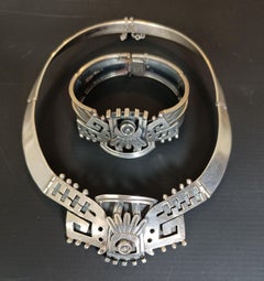 Hervorragende Vintage Jewell Silber Azteken Design Halskette Set Taxco Mexico