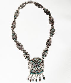 Superb Vintage Silver Jewel Aztec design Necklace Taxco Mexico