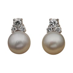 Superb Vintage South Sea Pearl .60 Carat G VVS Diamond Stud Earrings