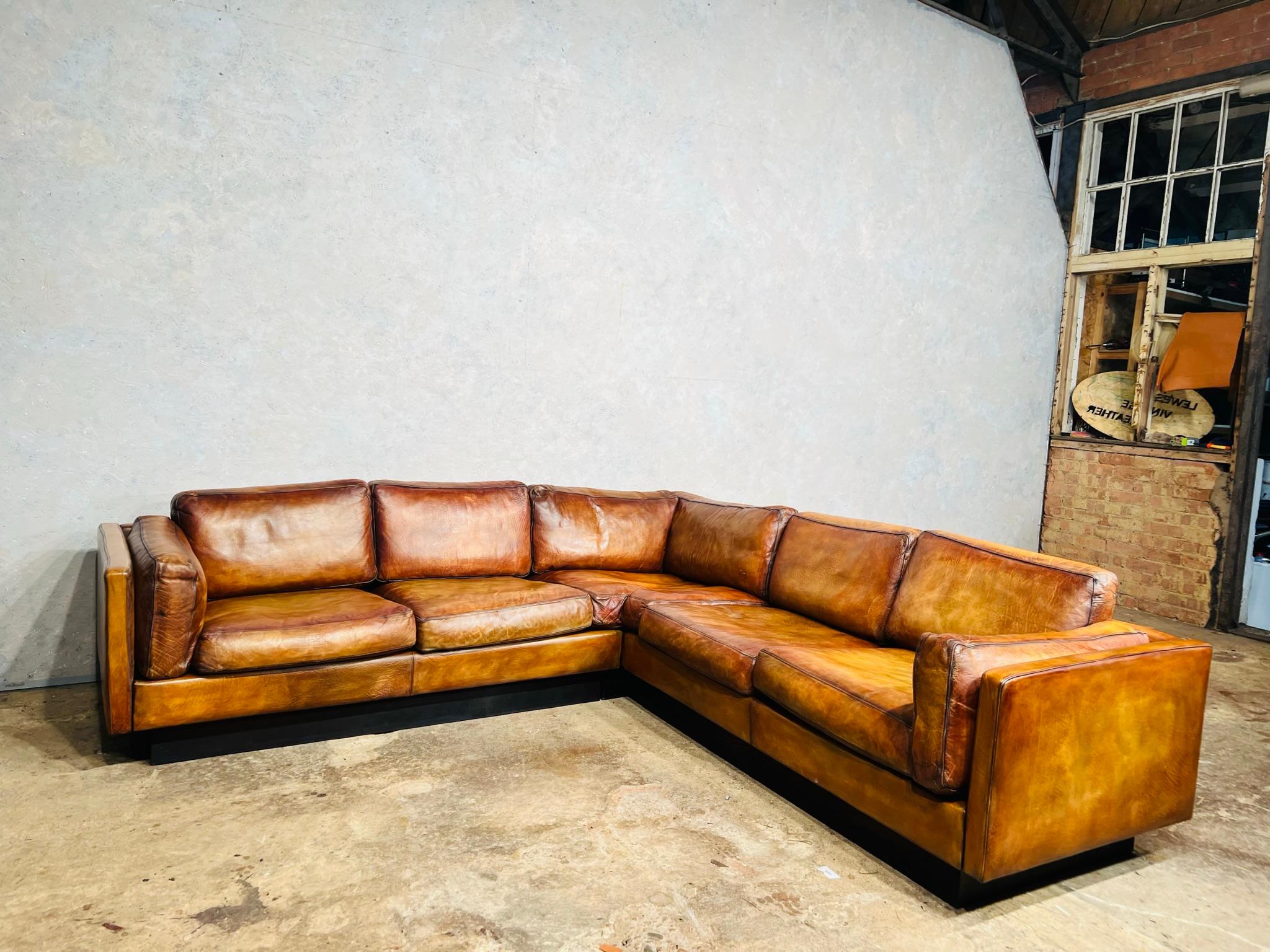 Superb Vintage Thams Kvalitet 1970 Danish Leather Corner Sofa Light Tan #675 4
