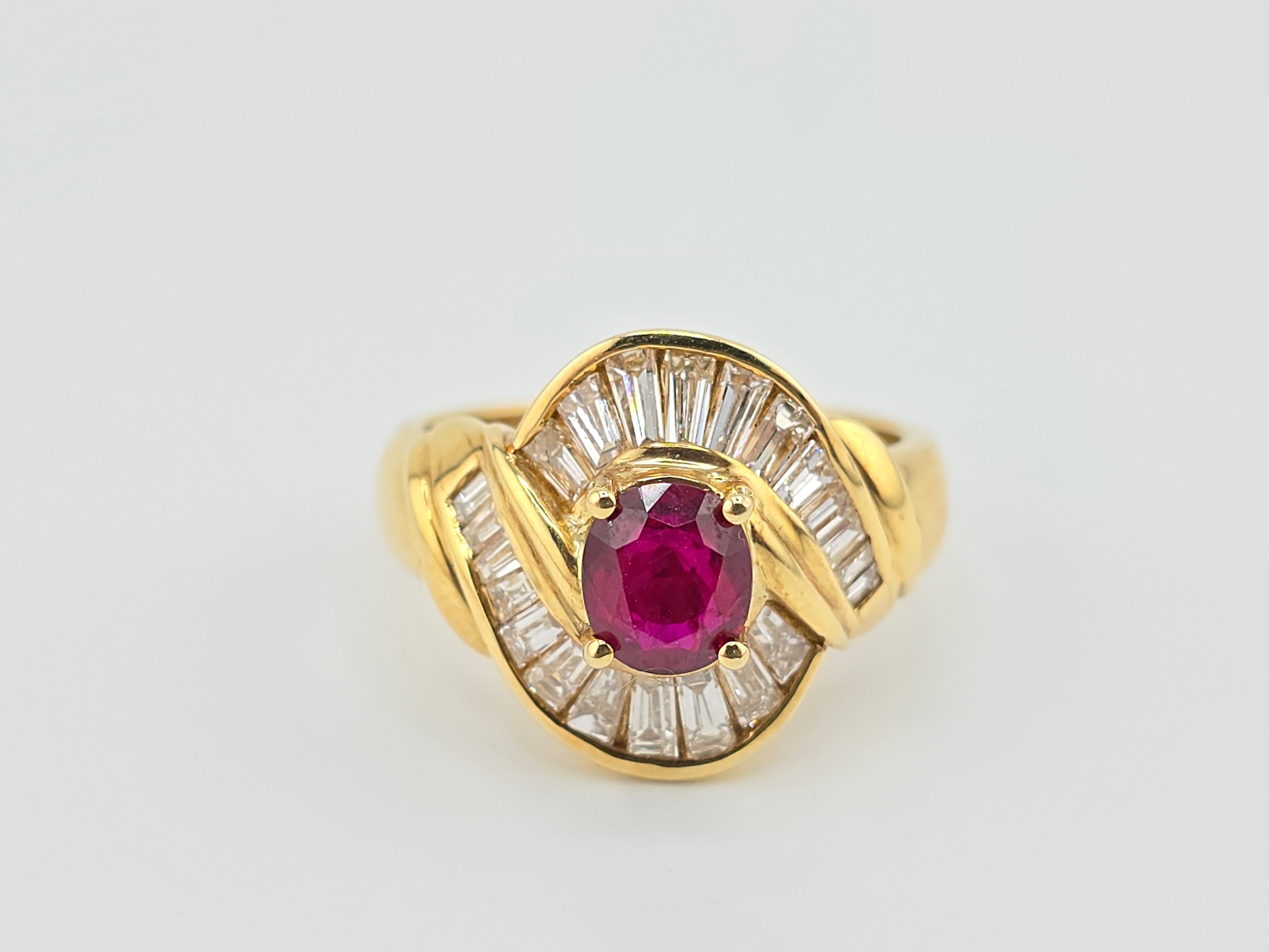 This is an excellent rich, vivid Ruby Ring, with beautiful diamonds all around. It is made out of 18 karat solid yellow gold. The saturation and the color on the ruby is phenomenal. Most likely Mozambique or Burma origin.  The quality of the
