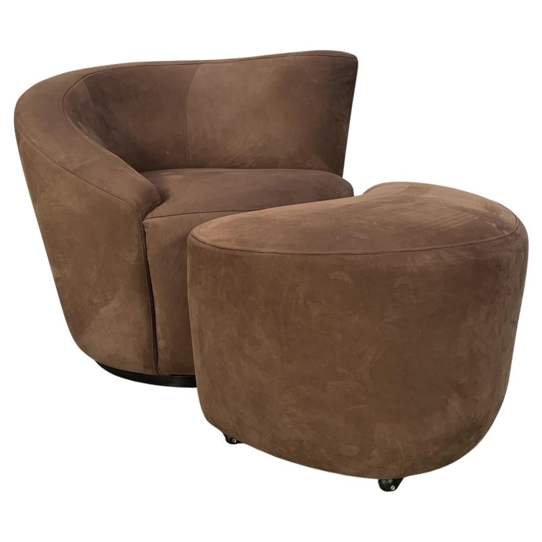 Superb Vladimir Kagan “Nautilus” Corkscrew Armchair and Footstool in Brown Ultra For Sale